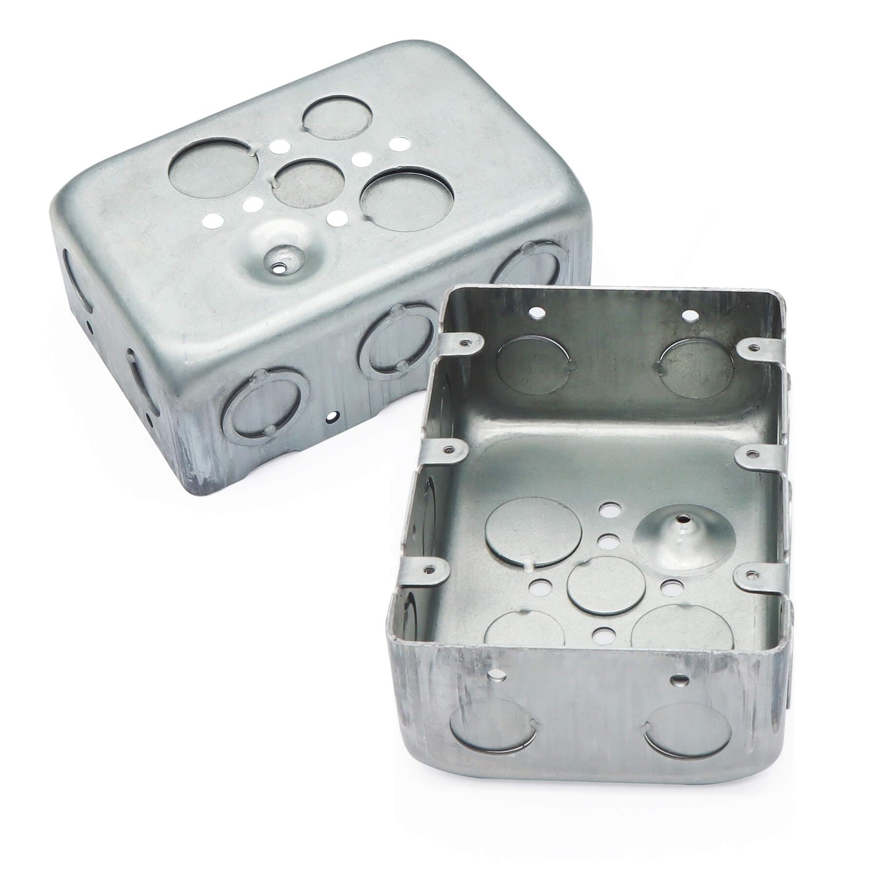 5 Packs Three Gang Multi Device Switch Box, 5.8"L X 4.1"W, 2.2" Deep Metal Electrical Box, 6-TKO's & 4-1/2"KO's Side KO, 2-1/2" & 2-3/4" Bottom KO, Raised Gound Hump, Galvanized