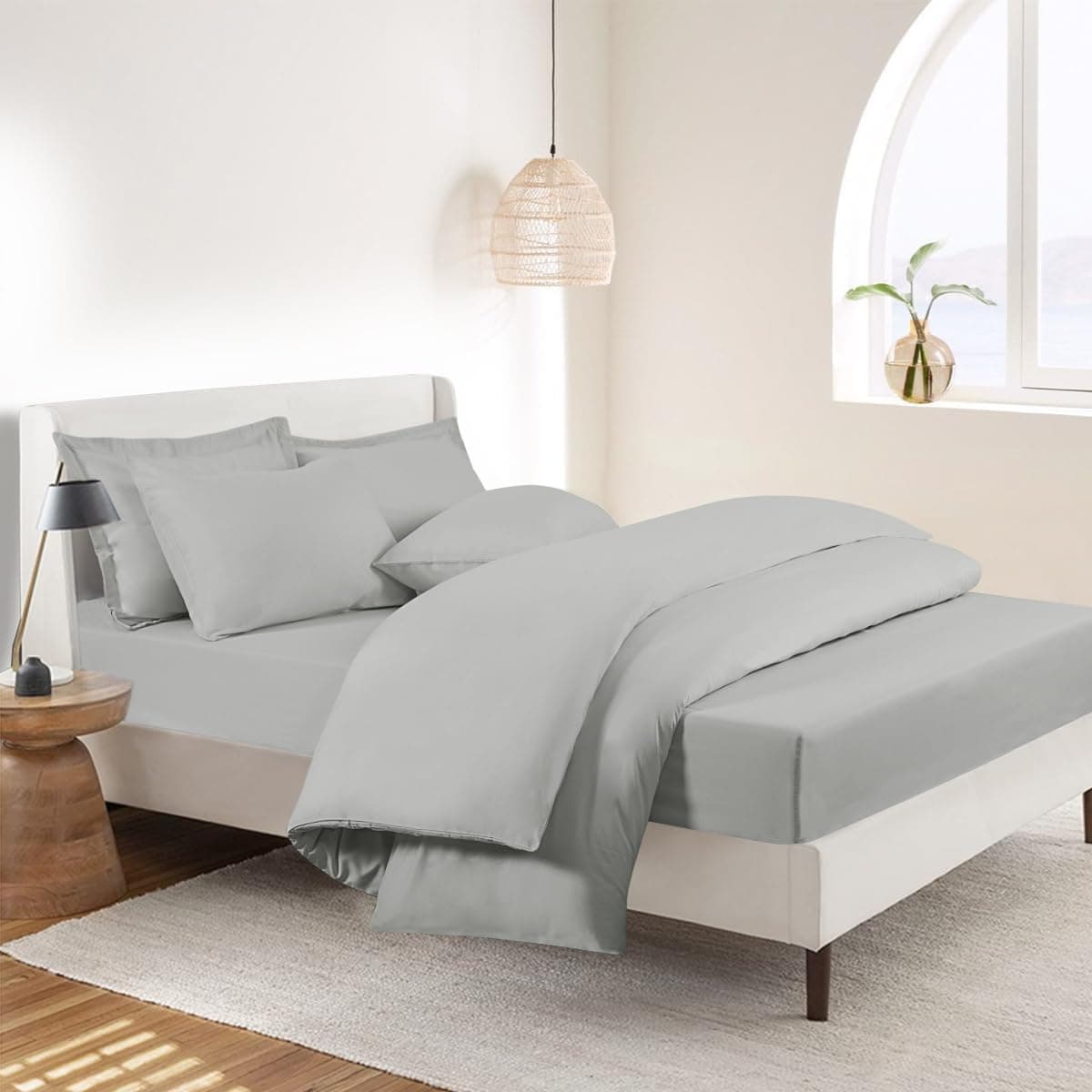 RUIKASI Super King Bedding Sets - 4 Piece Bed Set Superking Bedding, Deep Pocket Fitted Sheet and Duvet Cover with Pillow cases, Soft Microfiber Duvet Set with Zipper, Light Grey