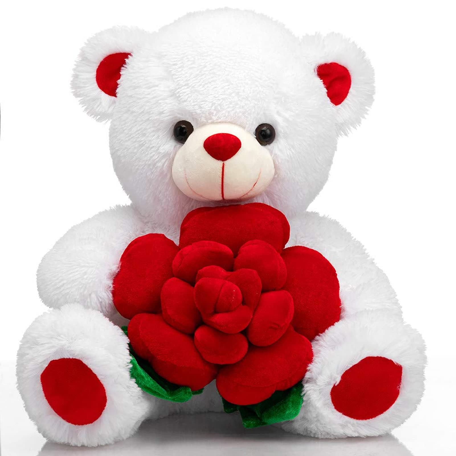 BEJOY Teddy Bear Stuffed Animals Plush Bear Holding Rose Soft Plush Toy Valentine's Day, 16 Inch, White