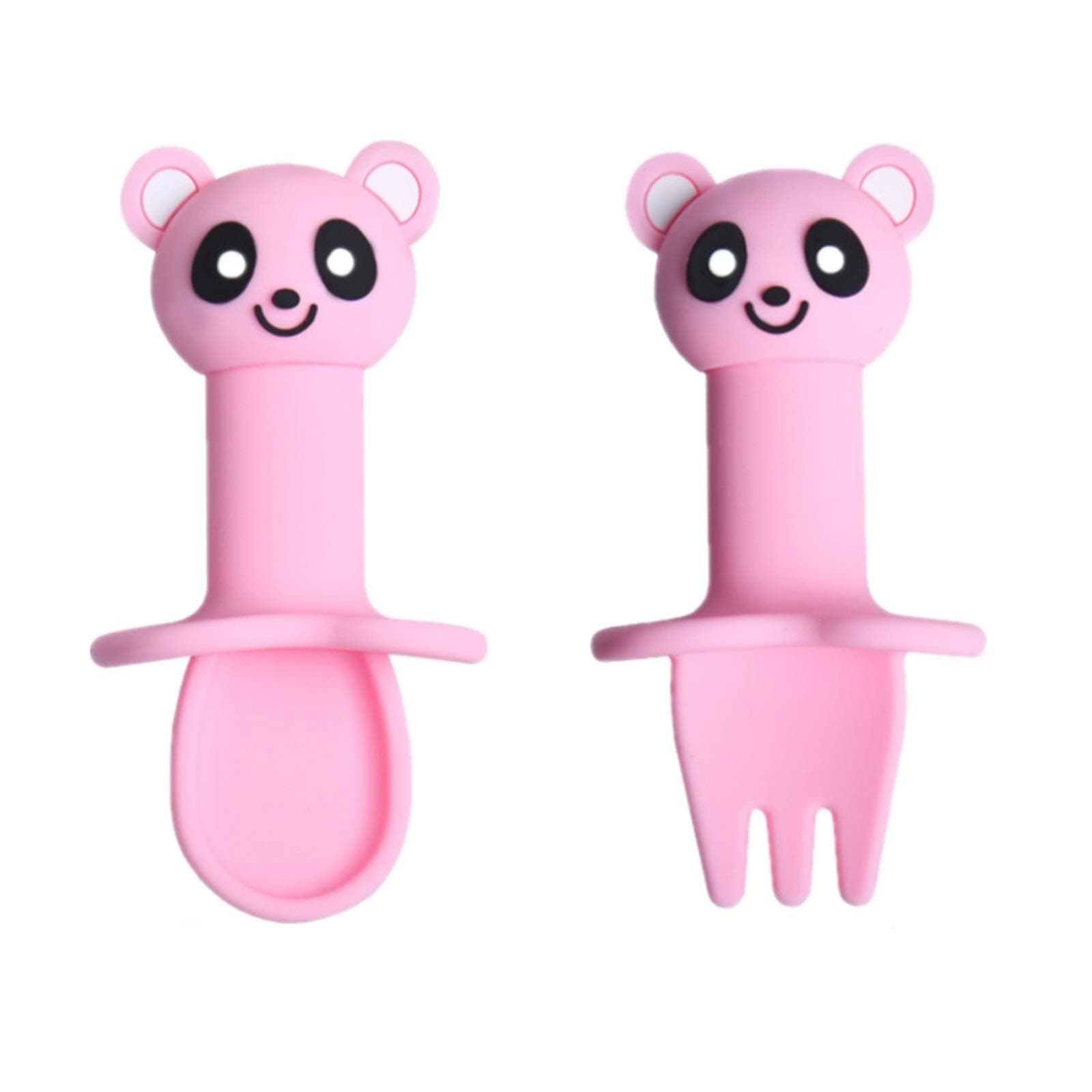 Baby Fork and Spoon 2 Set, Kids Self Feeding Training Spoon&Fork with 2 Pack Storage Box for Toddler Weaning and Learning to Use Cutlery (Panda Pink)