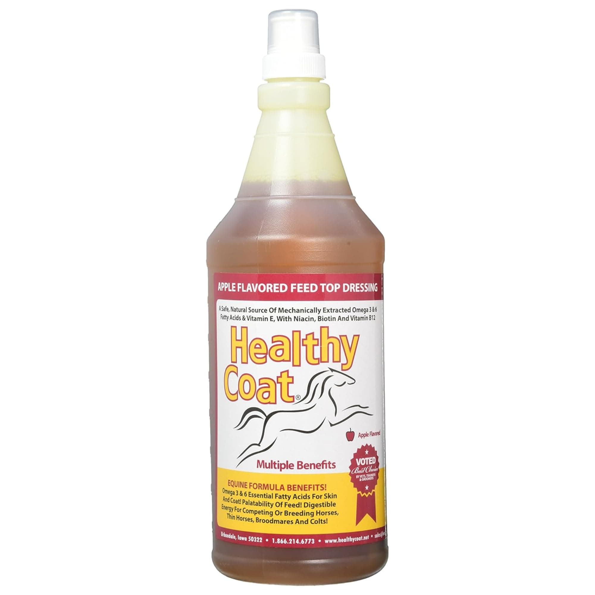 HealthyCoat Horse Supplement 32 oz – All-Natural Omega 3 & 6 Feed Top-Dress for Shiny Coat, Healthy Skin, Hooves & Joints – Fortified with Biotin, B12, Lecithin & Vitamin E – Apple Flavor