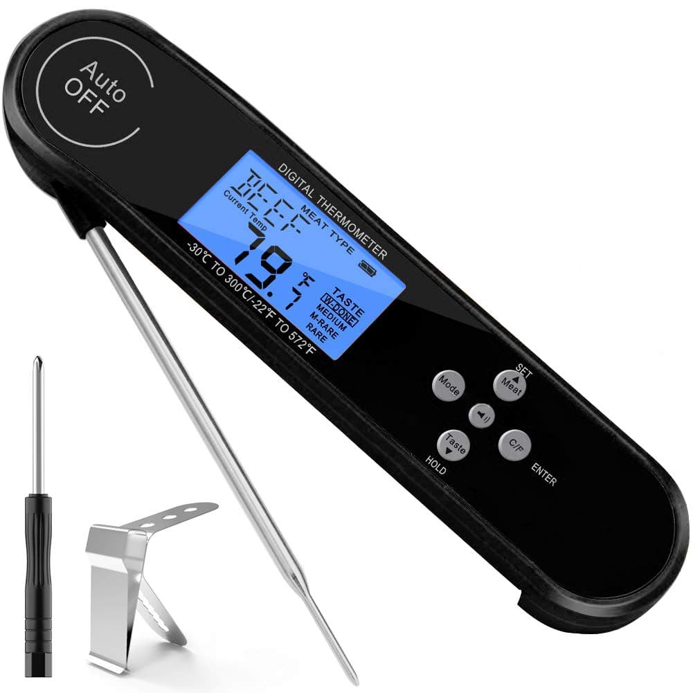 Meat Thermometer, Rilitor Digital Instant Read BBQ Thermometer with Pre-Set 8 Types Food,Temperature Alarm,Voice Broadcast,RGB Backlight, Waterproof Cooking Thermometer for Grilling,Turkey