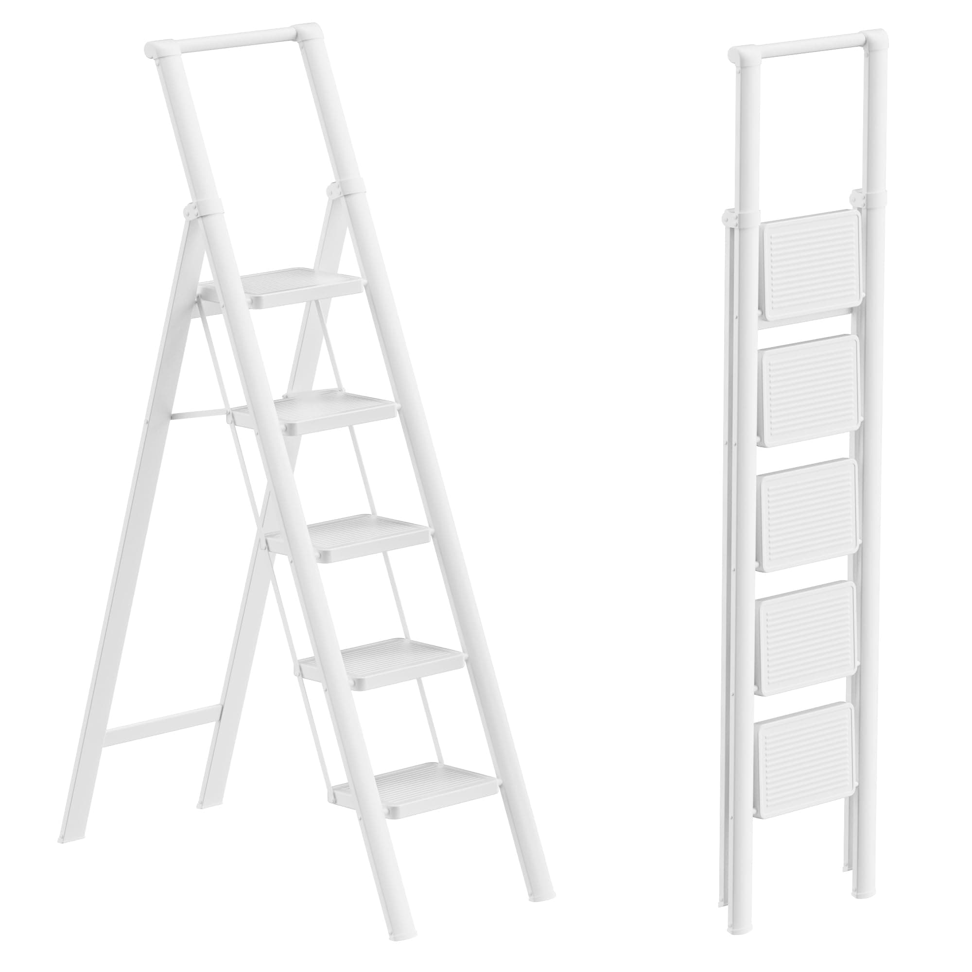 GameGem 5 Step Ladder for 10 Feet High Ceiling, Folding Step Stool Stepladders with Anti-Slip and Wide Pedal for Home and Kitchen Use Space Saving (White)