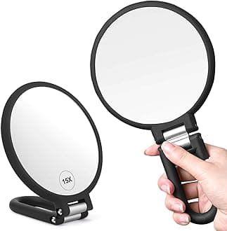 Magnifying Handheld Mirror Double Sided, 1X 15X Magnification Hand Mirrors, Travel Folding Hand Held Mirror, 360°Rotation Pedestal Makeup Vanity Mirror