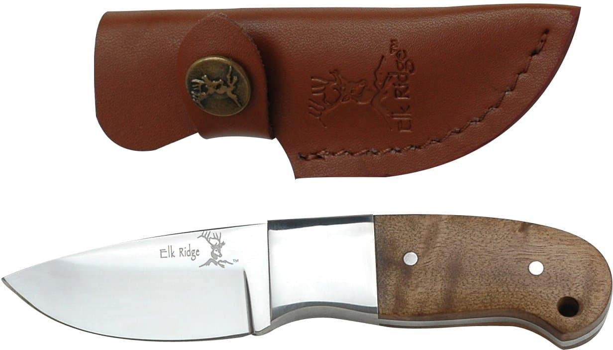 Elk Ridge 111 Series Outdoors Fixed Blade Knife - 5-in Overall, 440 Stainless Steel Mirror Polished Blade, Burl Wood Handle, Leather Sheath - Hunting, Camping, Survival