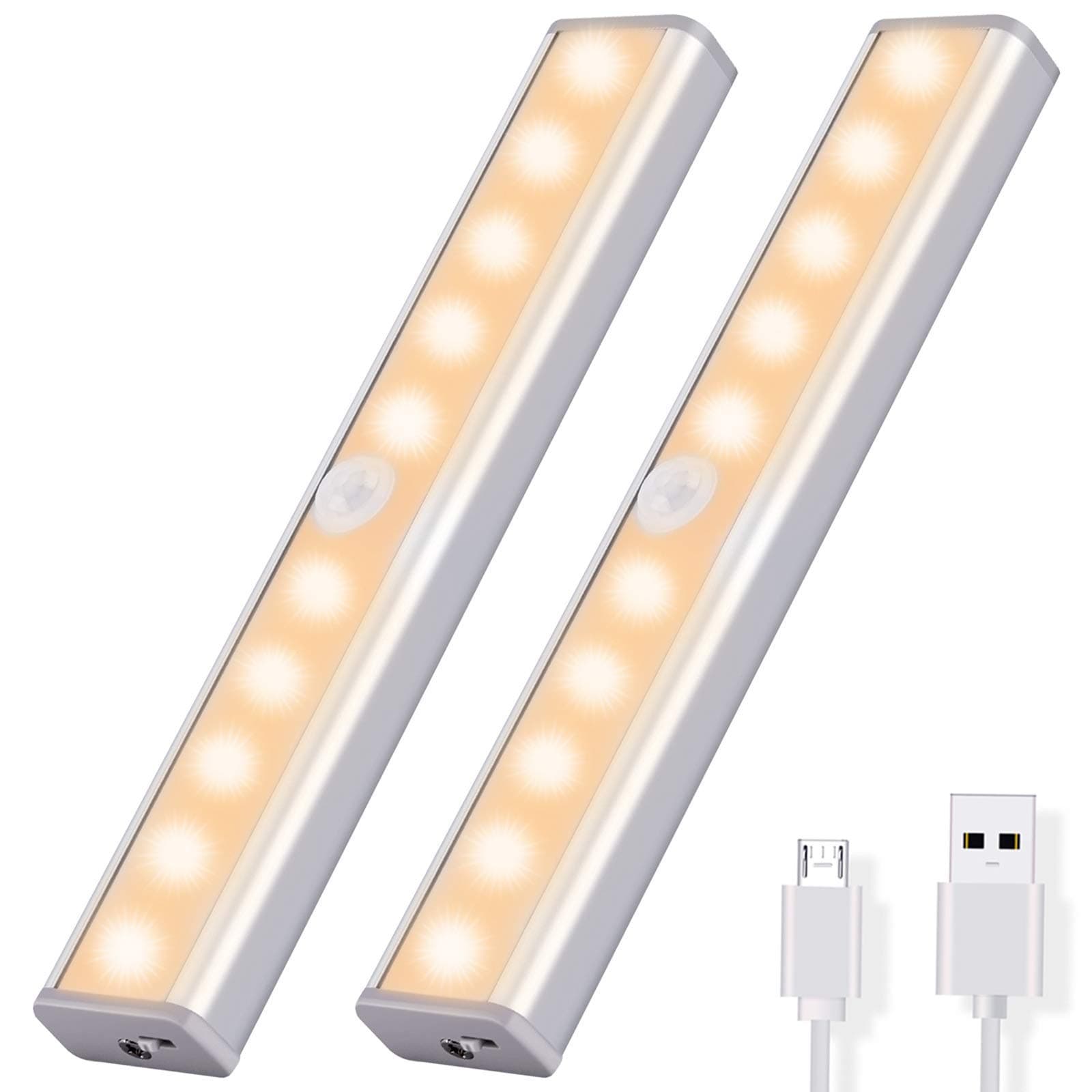 OUSFOT Cupboard Light Motion Sensor, 10-LED Closet Lights Wireless USB Rechargeable with Magnetic Strips Stick up Cabinet Wardrobe Stairs Kitchen Wall Warm White(2 Pack)