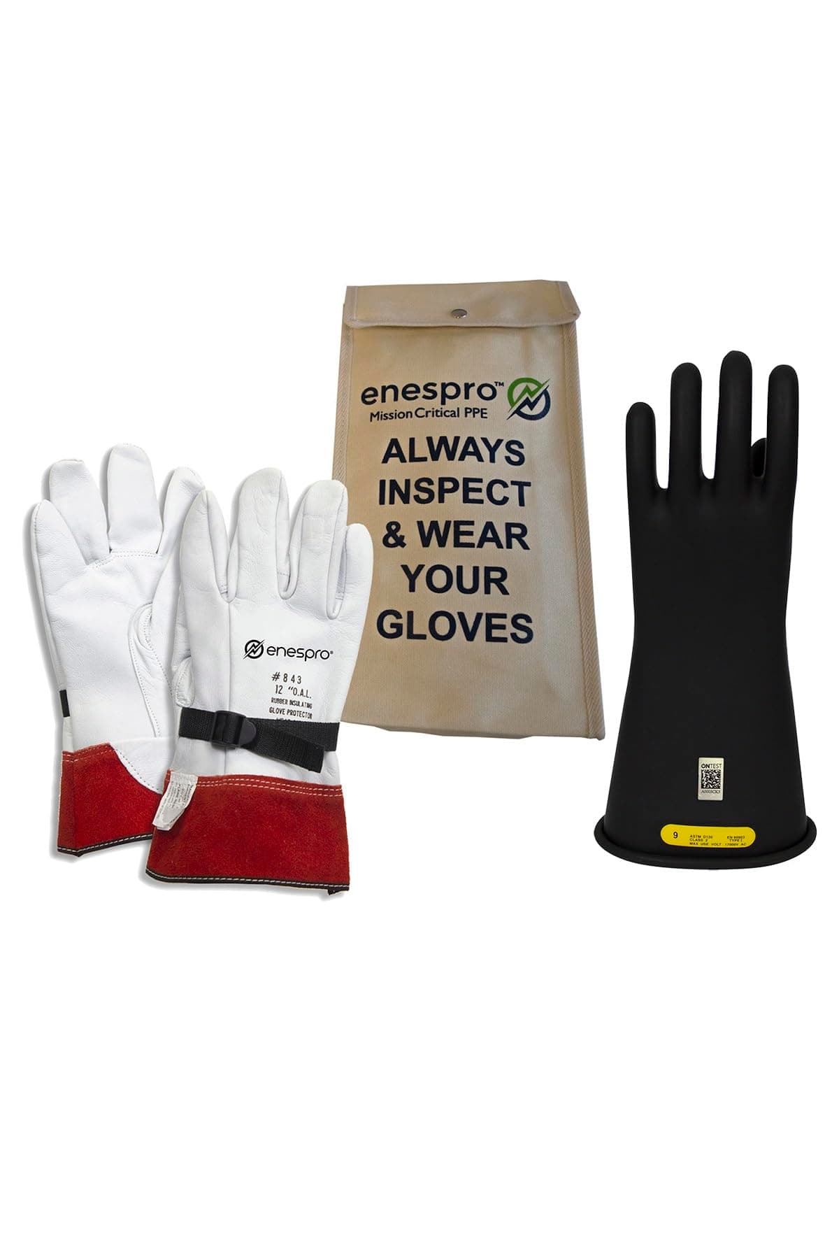 Enespro Class 2 Black Rubber Voltage Insulating Glove Kit with Leather Protectors, Max. Use Voltage 17,000V AC/ 25,500V DC (KITGC2B10)