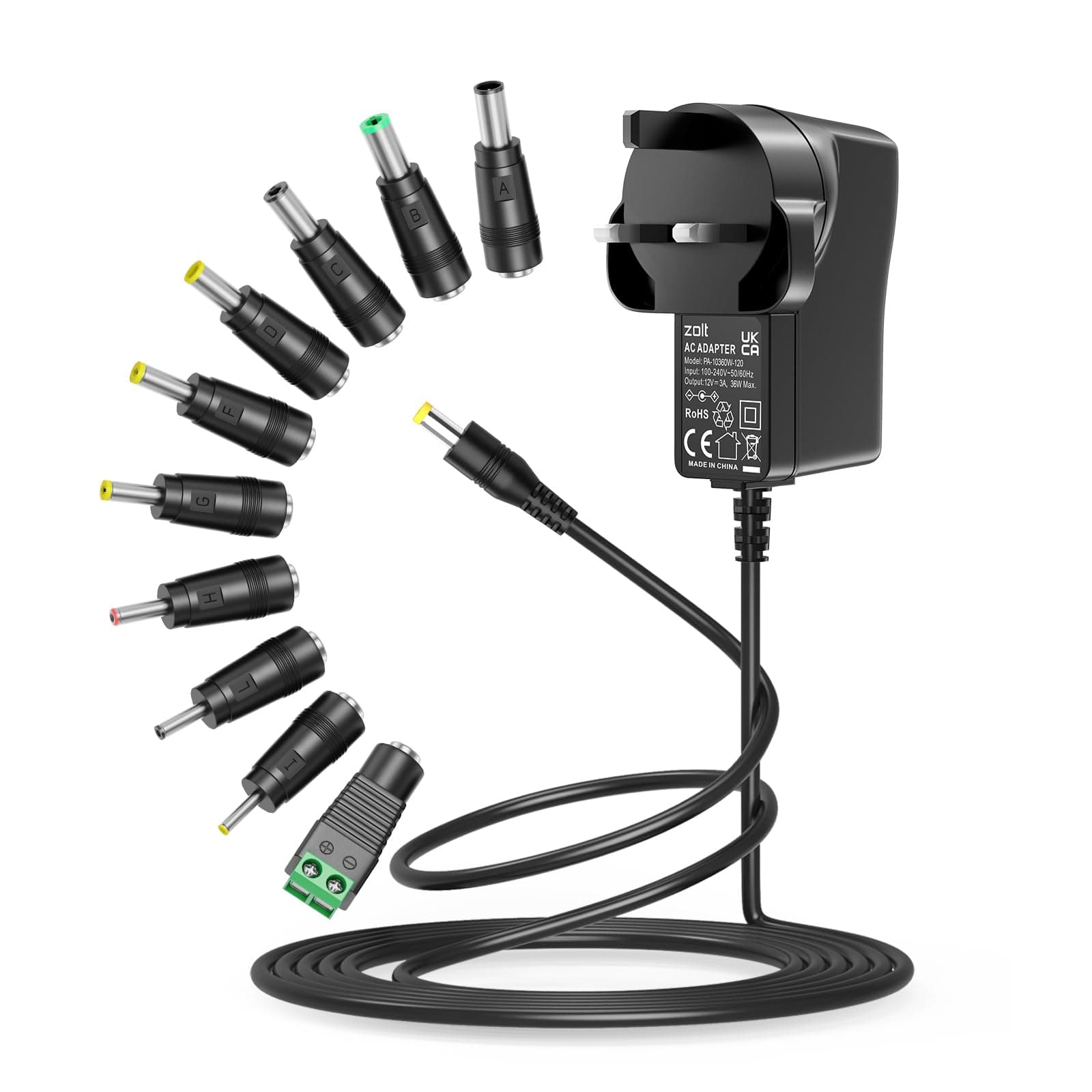 Zolt 12V 3A Power Supply Universal AC DC Adapter Transformer with 10 DC Connectors for 12V 1A 2A 3A Household Electronics, 36W Max.
