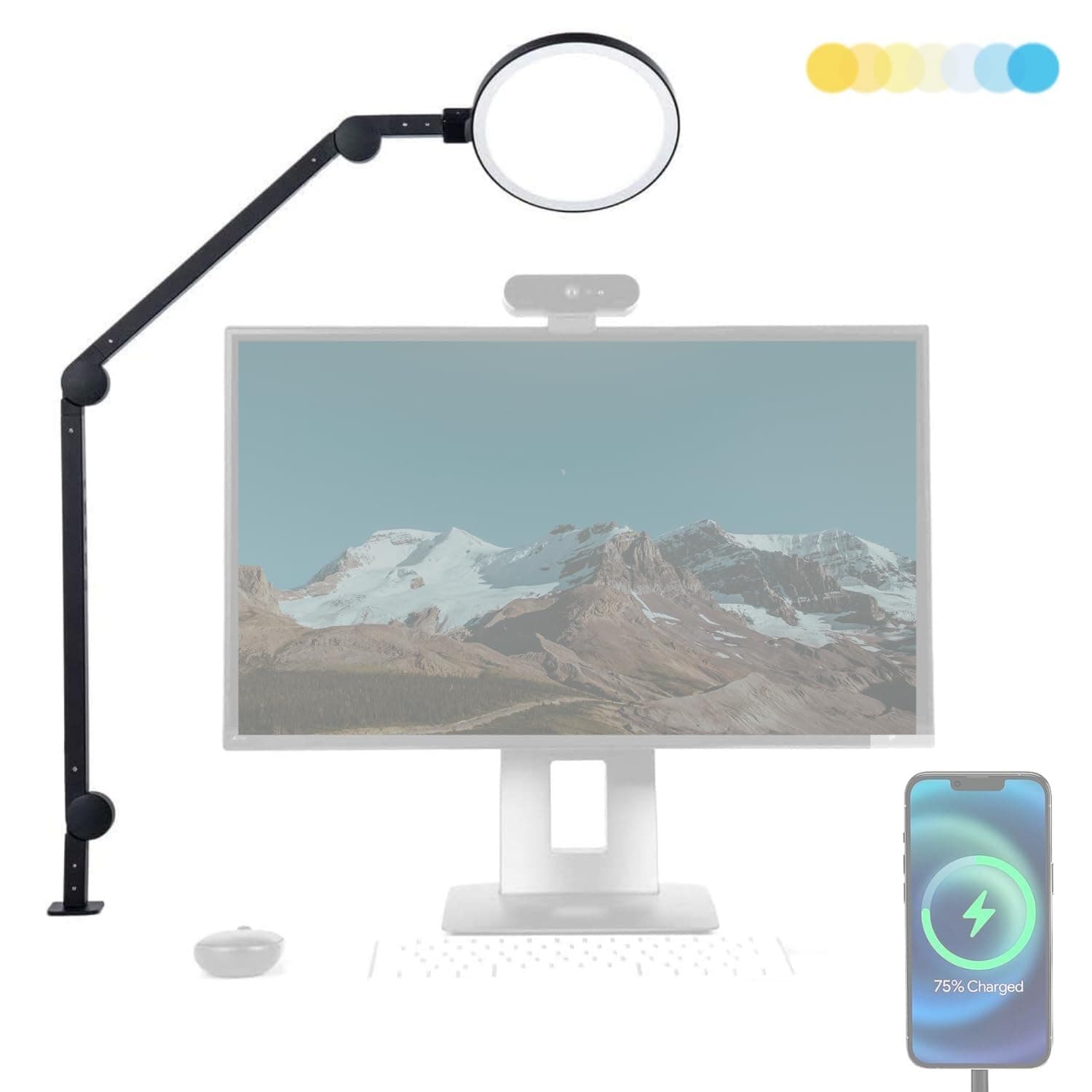 LUME CUBE Edge Light 2.0 LED Black Desk Lamp | Dimmable Home Office Desk Light with USB Charging Port & Powerful Swing Arm | Adjustable Color Temperature and Brightness | Circle Webcam Light