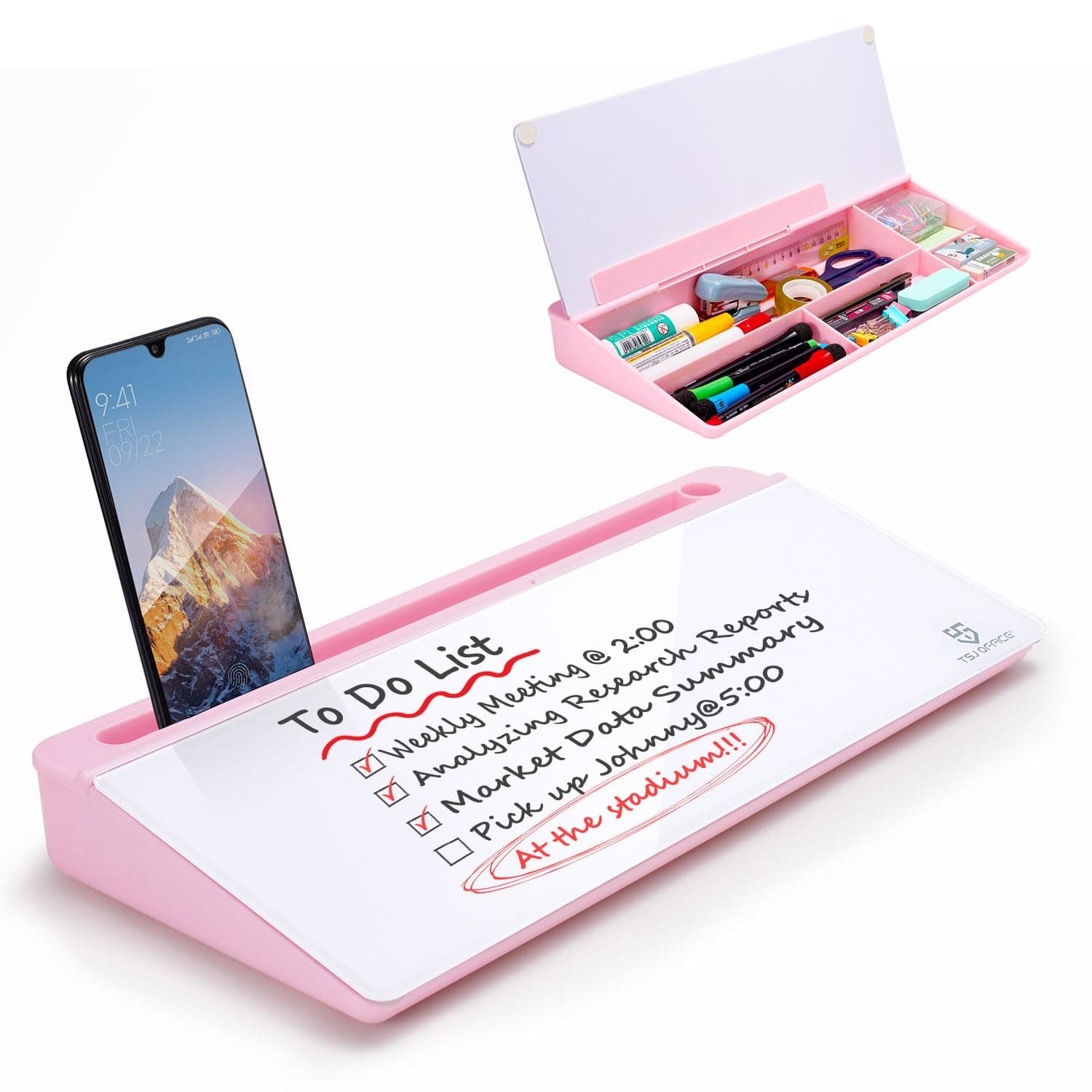 TSJ OFFICE Desktop Whiteboard Dry-Erase-Board - Computer Keyboard Stand White Board Surface Pad with Drawer, Desk Organizers with Accessories for Office, Home, School Supplies - Pink