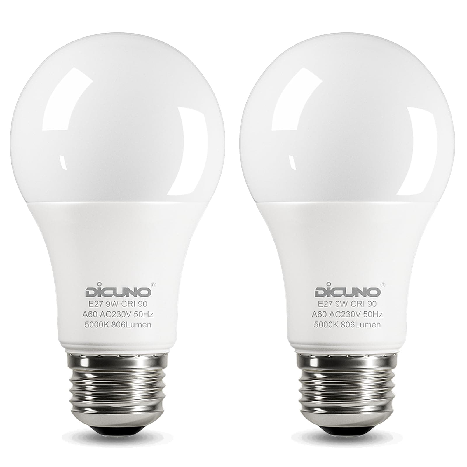 DiCUNO E27 Screw LED Bulb 9W, Daylight White 5000K, 60 Watts Halogen Equivalent, Large Screw in Light Bulb, 806LM, Non-Dimmable, ES High CRI 90 Lightbulbs for Lamp, 2 Pcs