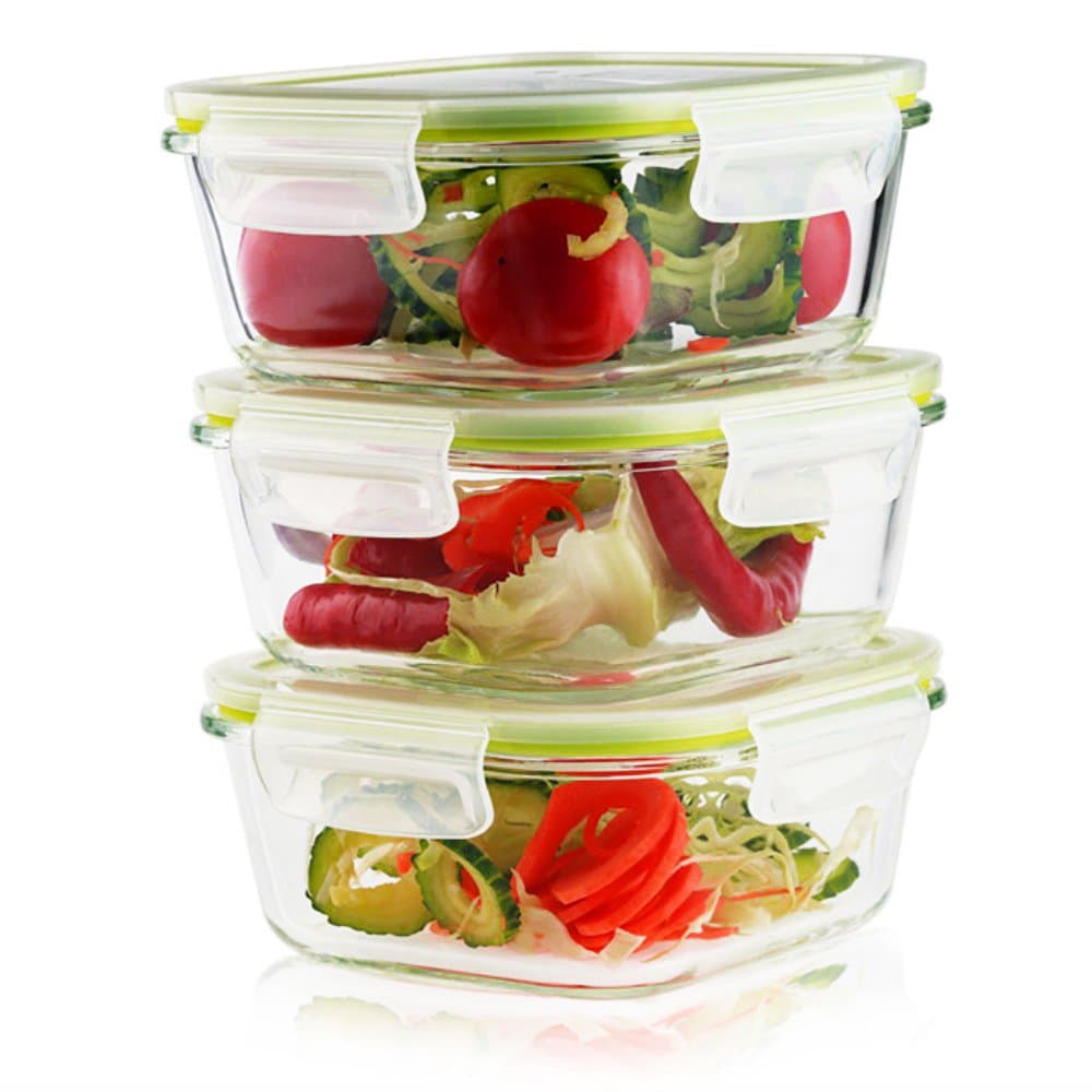 3 Pieces Glass Food Storage Container Set with Snap Locking Lid,Airtight,Microwave,Oven,Freezer,Dishwasher Safe,BPA-Free