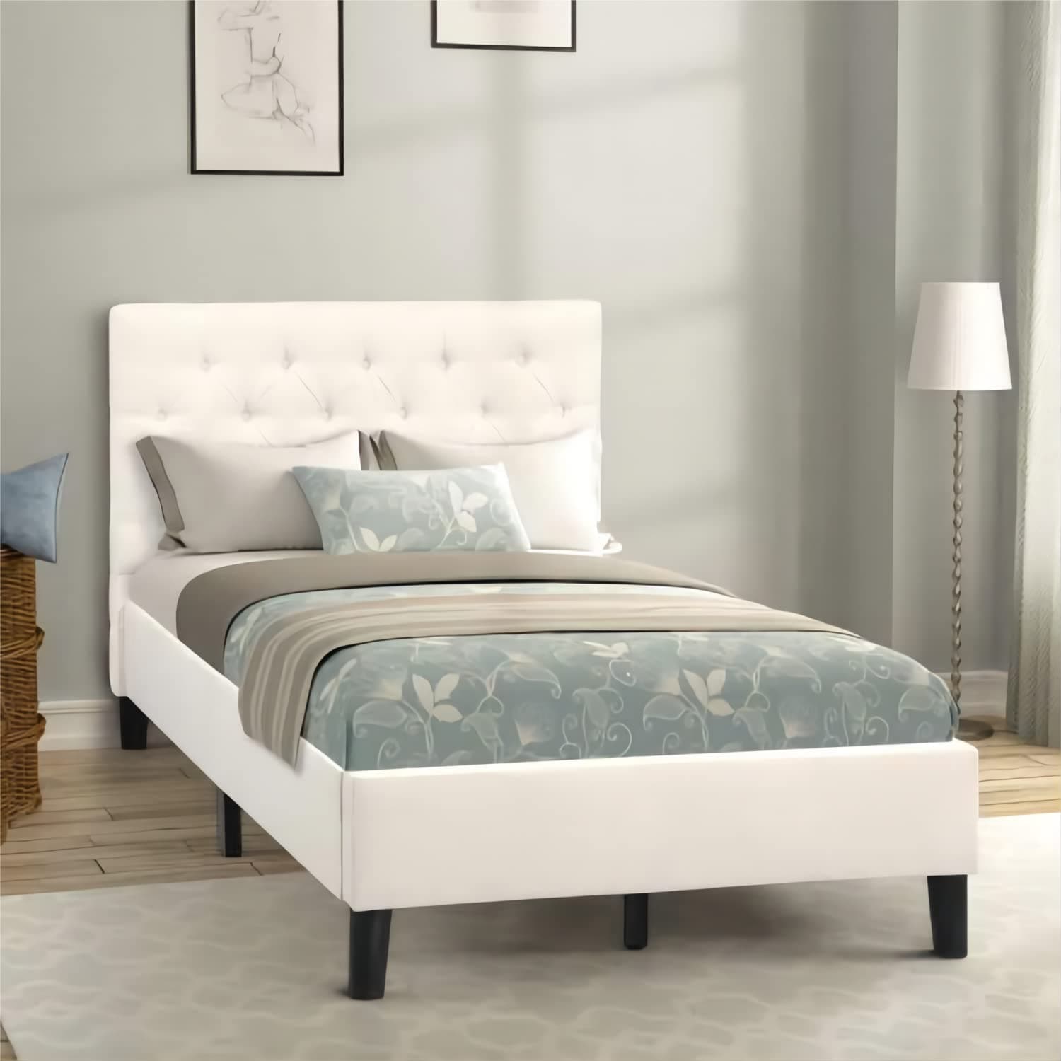 Catrimown Twin Platform Bed Frame with Upholstered Stitched Button Tufted Adjustable Headboard，Mattress Foundation with Wooden Slat Support，No Box Spring Needed，Easy Assembly, Beige