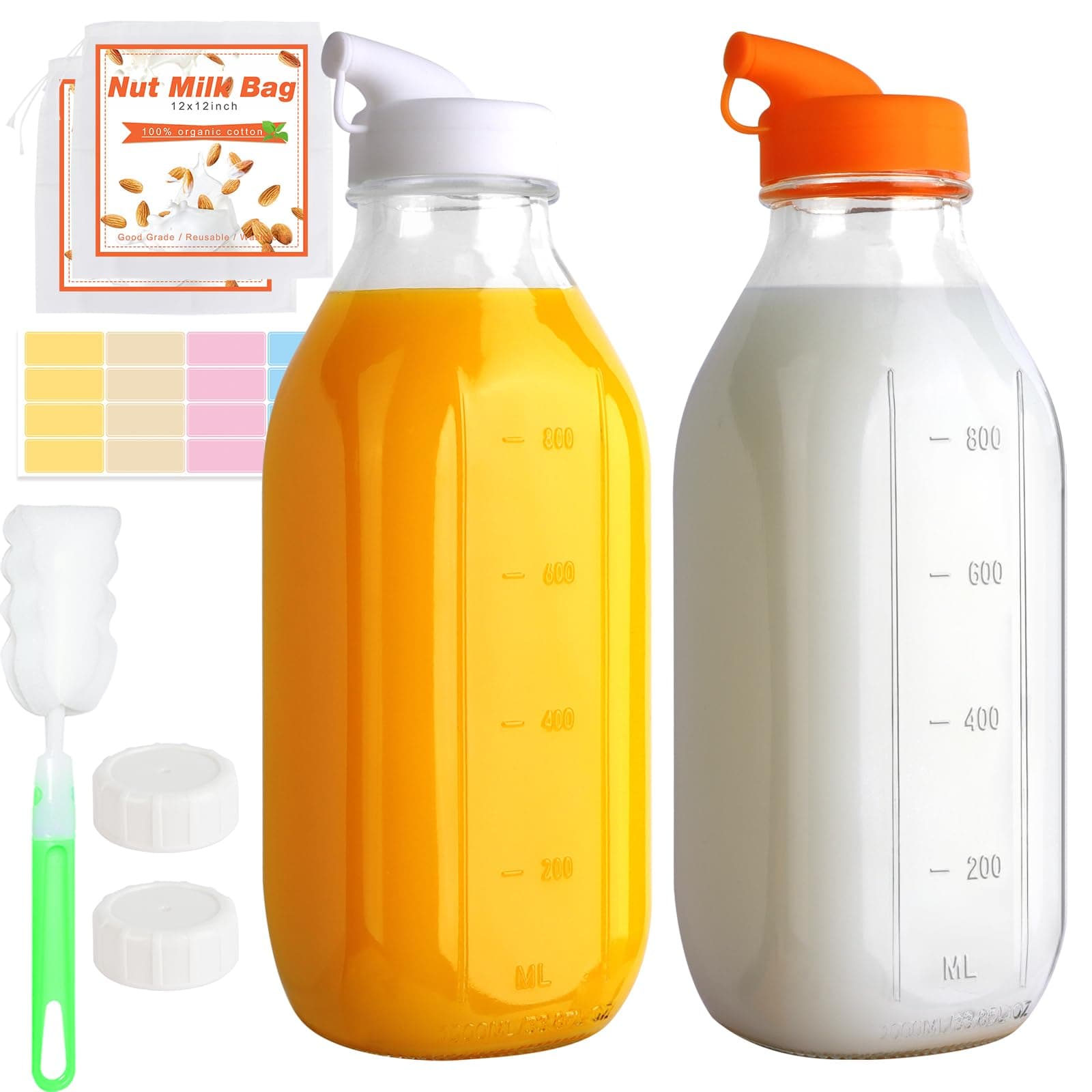 32 Oz Glass Milk Bottles, 2 Pack Scale Mark Drinking Jug with 2 Nut Milk Bags& Airtight Screw Lid & Silicone Pour Cap& Stickers, 1 Quart Reusable Juice Bottle Water Pitcher for Coffee Yogurt