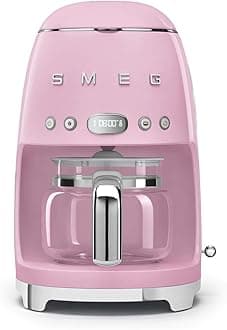 Smeg 50's Retro Style Aesthetic Drip Coffee Machine with 10 Cup Glass Carafe, Auto Start Feature, Keep Warm Plate, and Two Coffee Strength Settings (Pink)