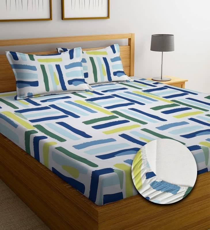 DECOMIZER Cotton Feel Glace Cotton Elastic Fitted Printed Queen Size Double Bed Bedsheet With 2 Pillow Cover Fits Upto 8 Inches Mattress,Size- 60X78X10 Inches,White Lines,300 TC