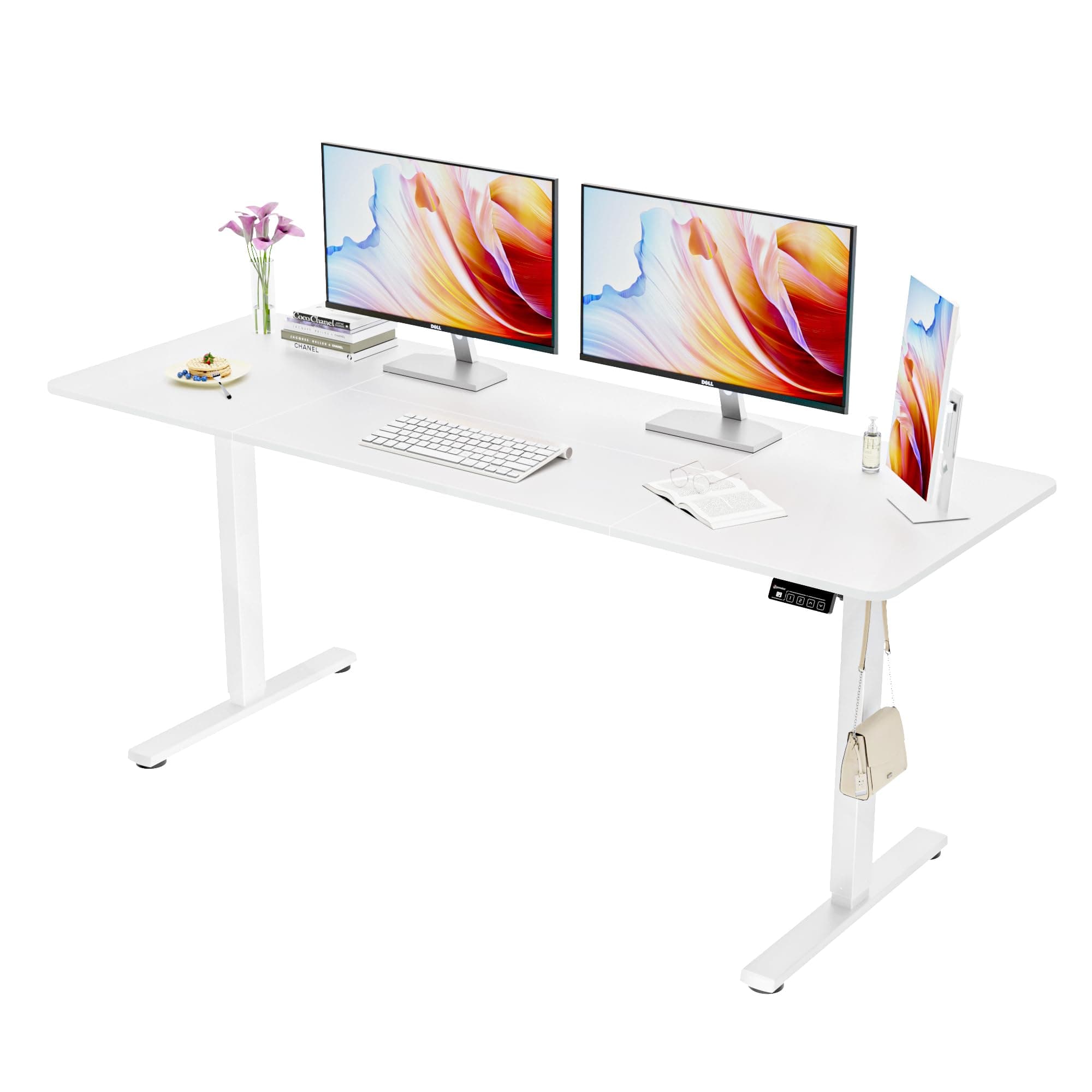 Electric Standing Desk, 170 x 60 cm Height Adjustable Sit Stand Desk with Splice Board for Home Office, Computer Table Memory Preset (White Frame, White Desktop)