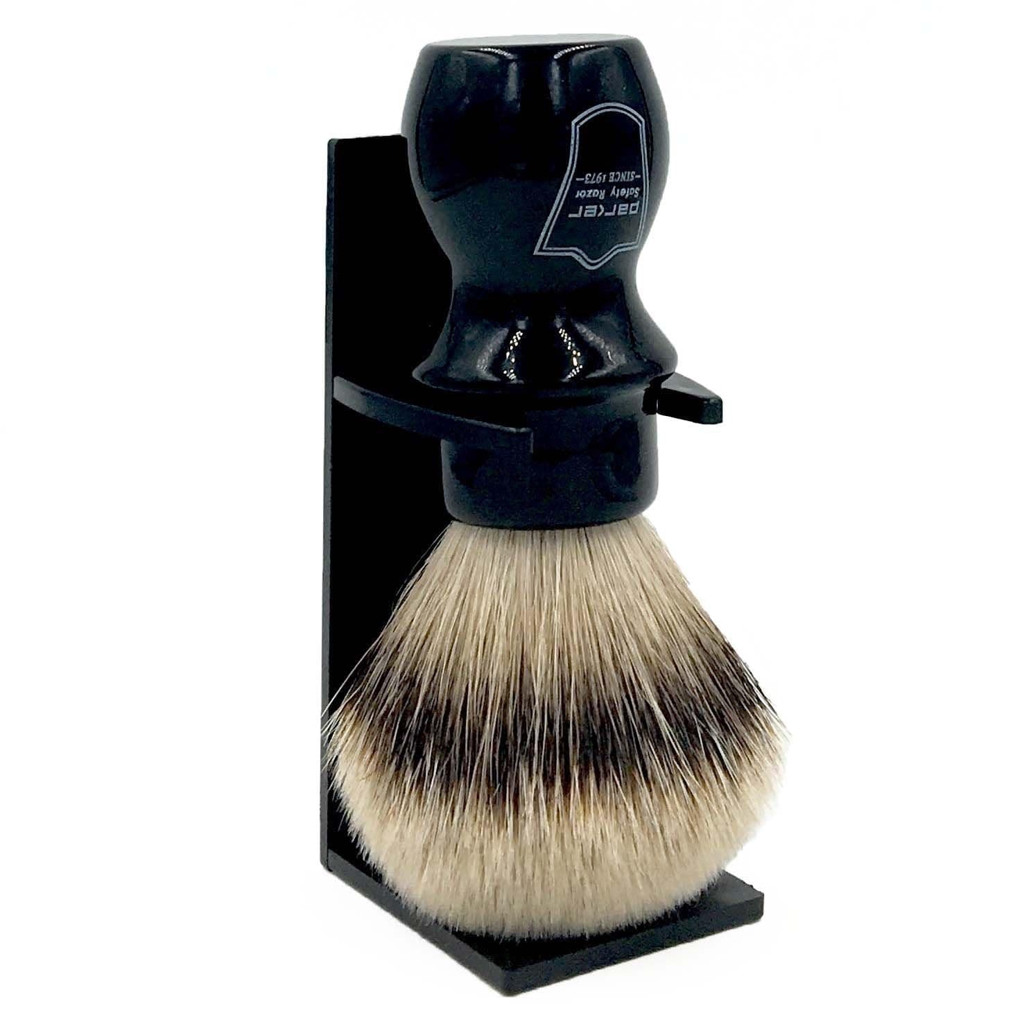 Parker Safety Razor, 100% Silvertip Badger Shaving Brush with Brush Stand - Extra Dense and Extra Soft Bristles - Deluxe Handmade Mug Shaving Brush(Black)