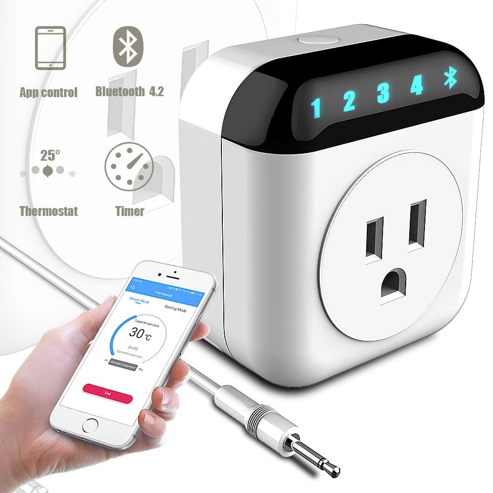 NASHONE Bluetooth Smart Plug App Remote Control Socket with Thermostat, Timing and Countdown Function, Digital Temperature Controller with Heating and Cooling Mode Pre-Wired Sensor Probe