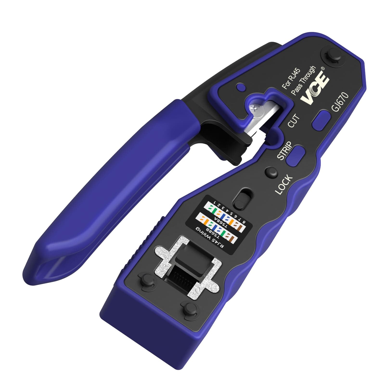 VCE GJ670BL RJ45 Crimp Tool, Pass Through Ethernet Crimping Tool for Cat5 Cat6 Cat7 End Pass-thru Connector, Support Stripping & Cutting