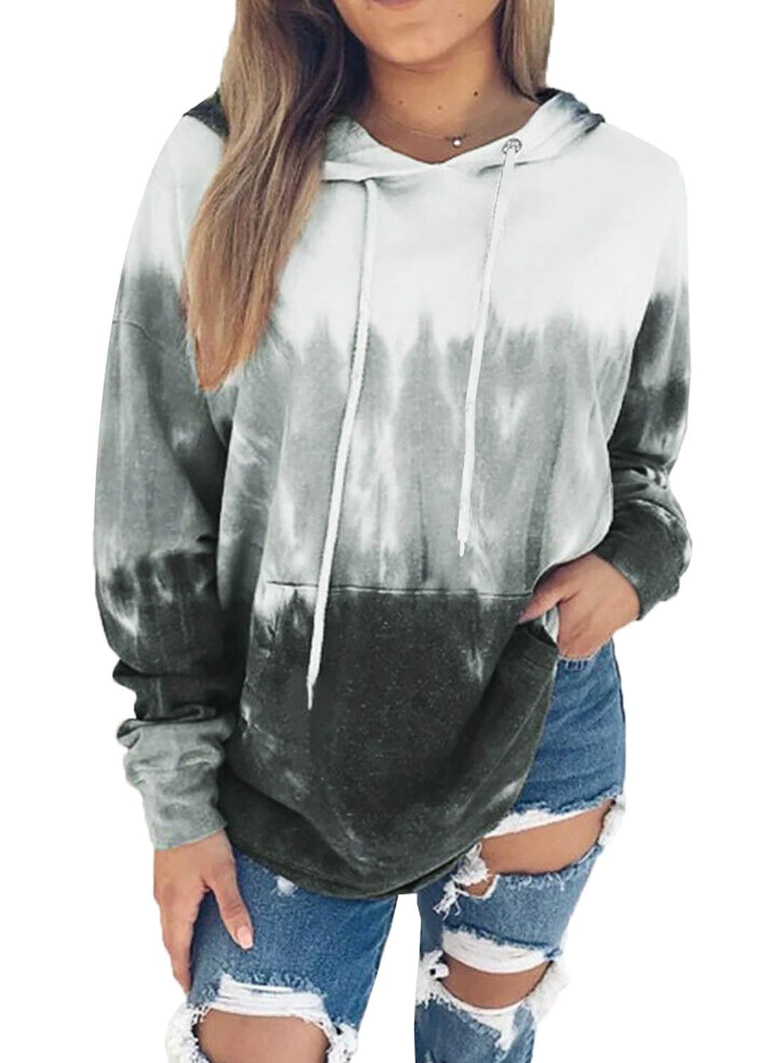 Women Hoodies Tops Tie Dye Printed Long Sleeve Drawstring Pullover Sweatshirts with Pocket(S-XXL)