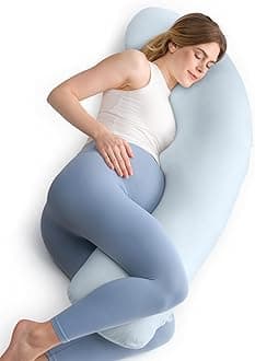 Momcozy Pregnancy Pillows for Side Sleeping, J Shaped Maternity Body Pillow for Pregnancy, Soft Pregnancy Pillow for Head Neck Belly Support, Blue