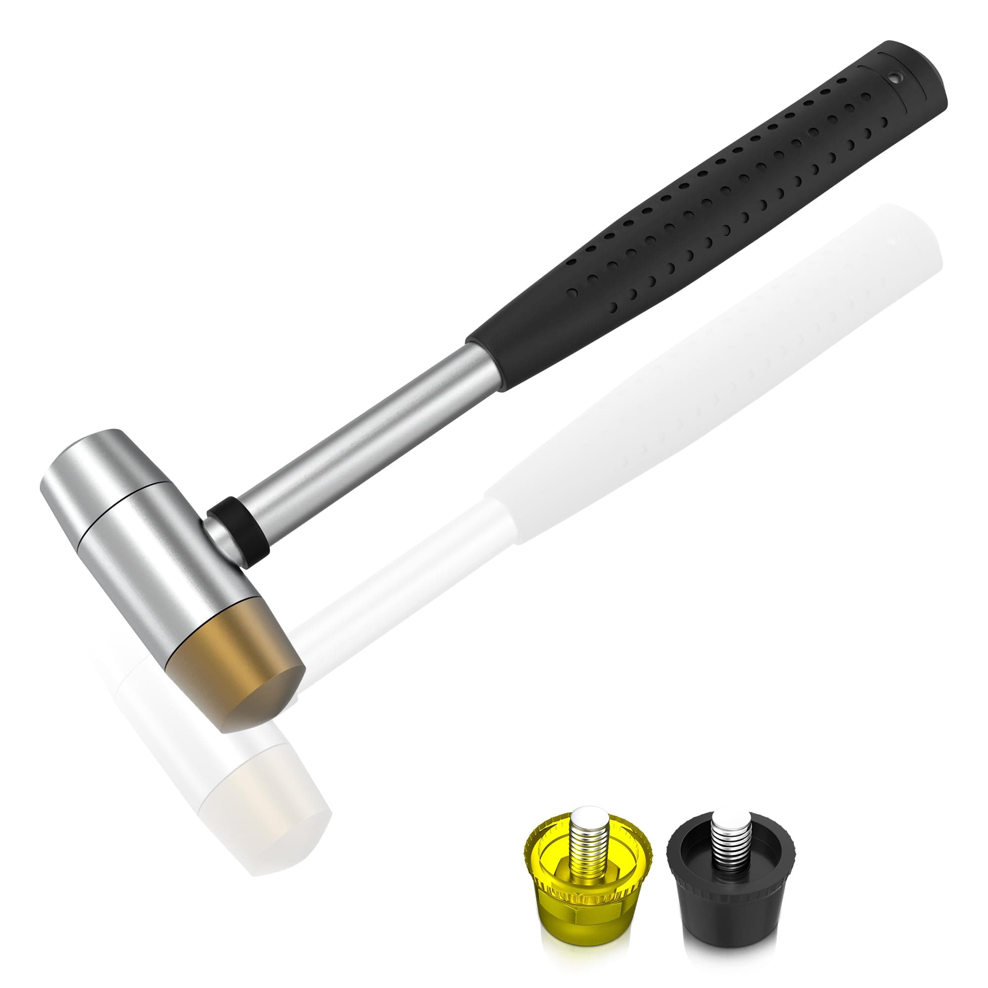 Nylon and brass multifunctional hammer, 4 interchangeable tips, 25mm double headed nylon rubber hammer, suitable for jewelry, leather, wood or spark free work