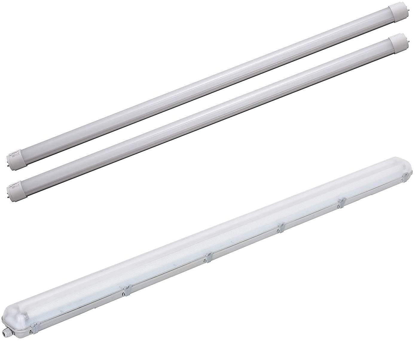 LEDUS LED Tube Bundle Batten Light Fitting 150cm 5ft 2x24W (4000-4500K Natural White) [Two T8 G13 Tubes + casing IP65] Wet Room Ceiling Lighting for Kitchen or Bathroom [Energy Class A]