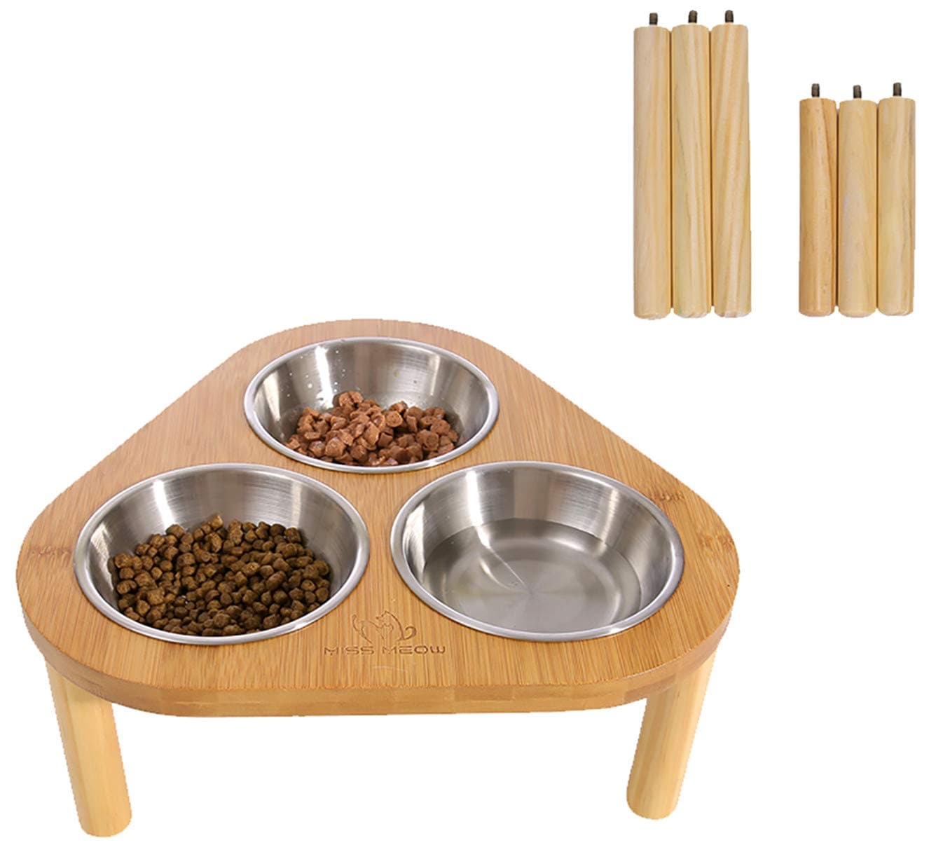 Raised Cat Bowls with Stand Feeder, Elevated Bamboo Stand with 3 Stainless Steel Bowls and Removable Feet