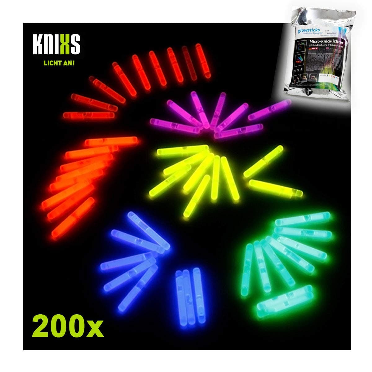 Kniss, 200 pieces, micro glow sticks, bite alarms, value pack, 6 colour mix, 40 mm x 4.5 mm.
