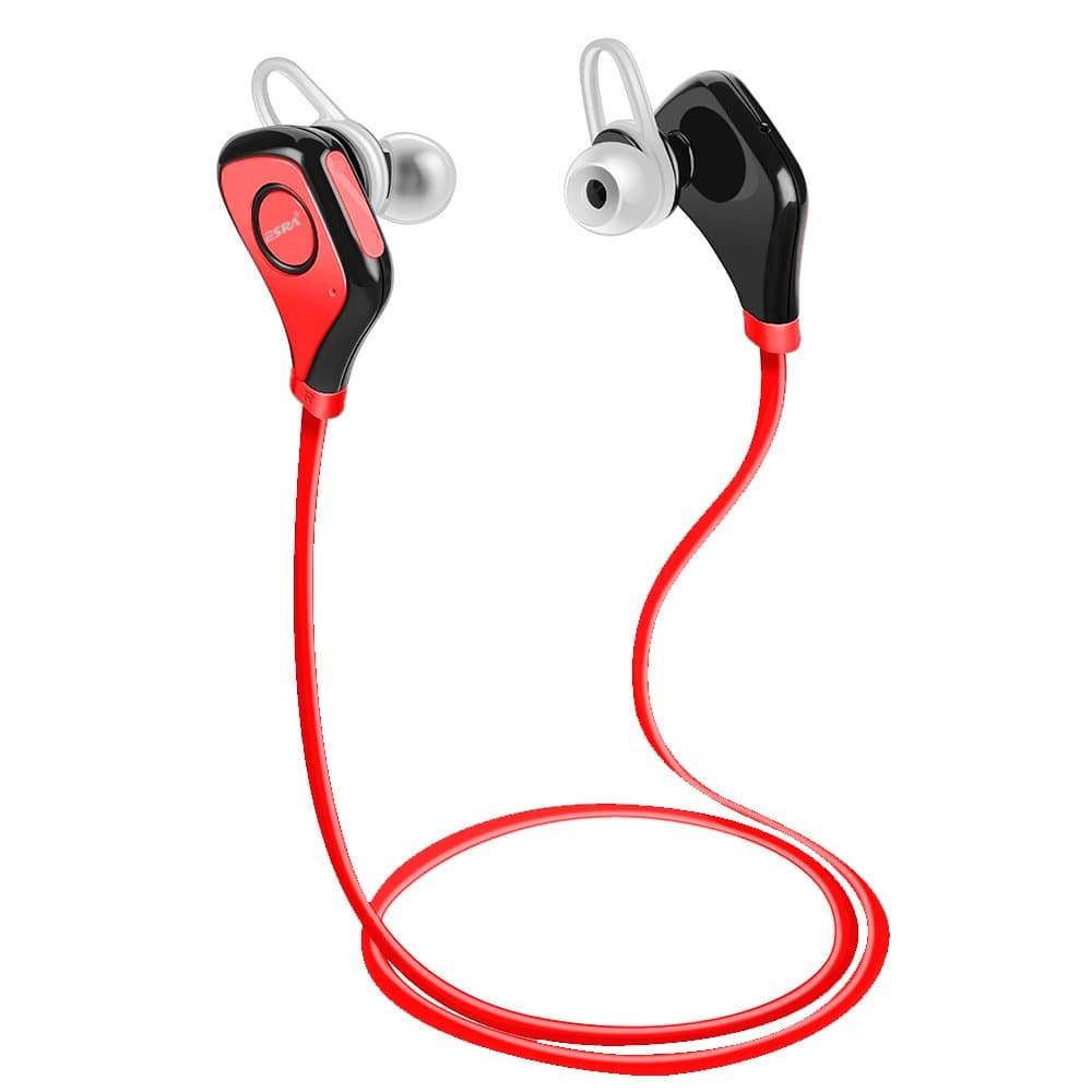 ESRA Wireless Bluetooth Noise Reduction Sweat Proof Running Stereo Headphone with Ear Buds for iPhone, Android and Other Bluetooth Enabled Devices (Red)