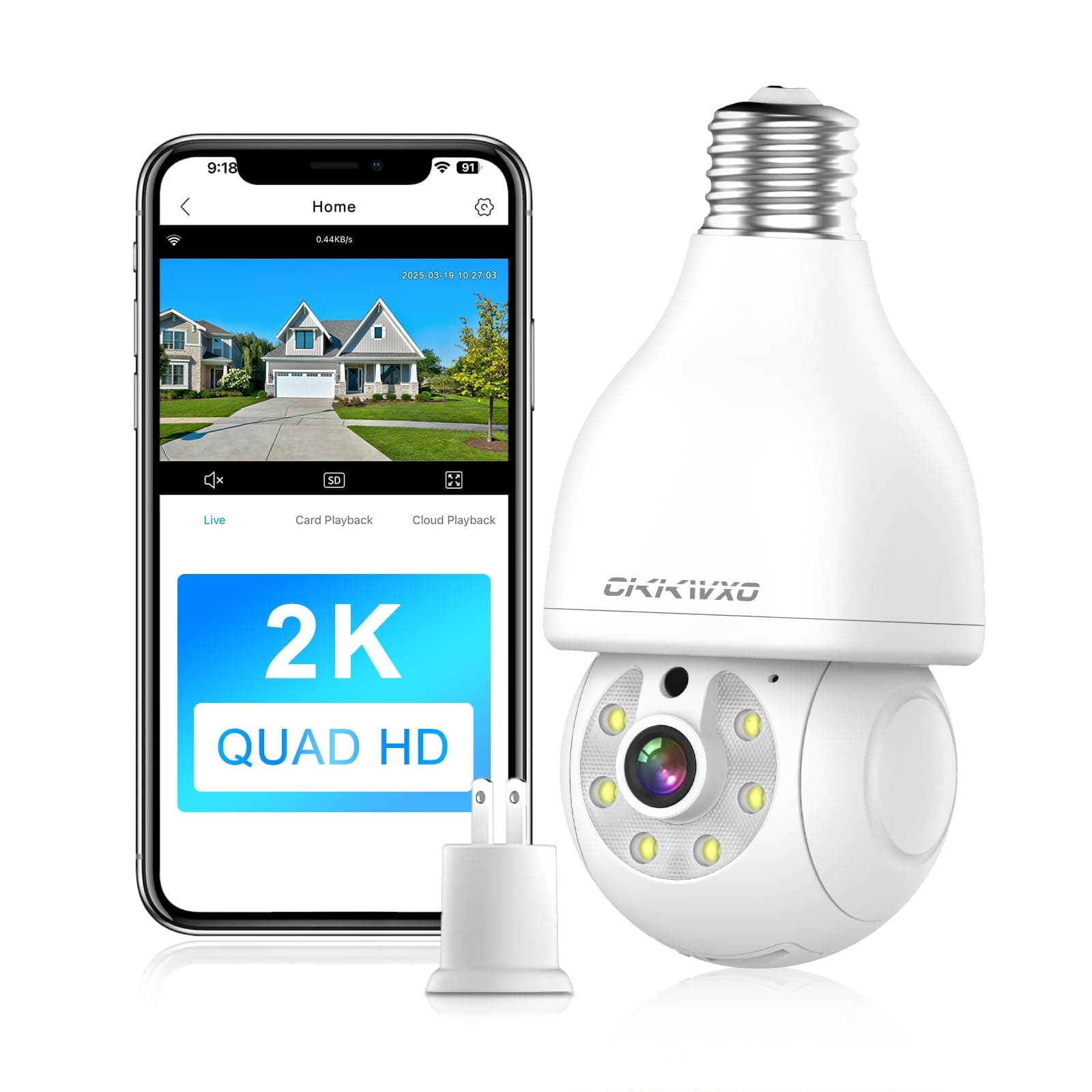 Security Camera with Bulb, 2K Wireless, Indoor Outdoor Security Cameras, 2.4GHz WiFi Camera with AI Motion Detection, Two-Way Talk, 24/7 Recording,