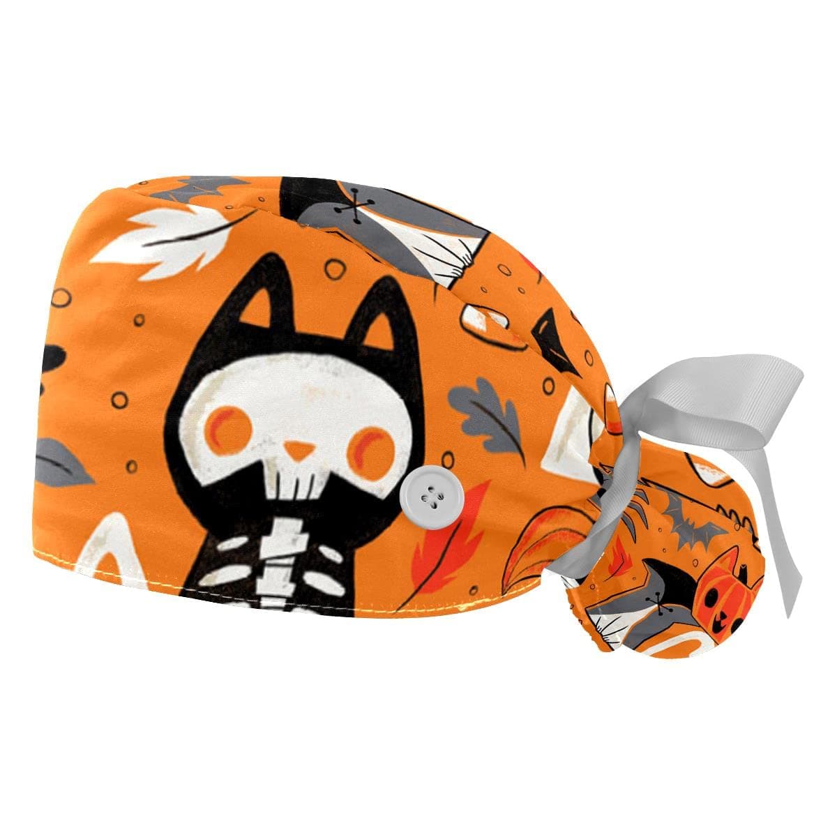 Cartoon Black Cat Working Cap with Button & Sweatband 2 Pcs Reusable Surgical Surgery Hats Ponytail Holder Multi Color