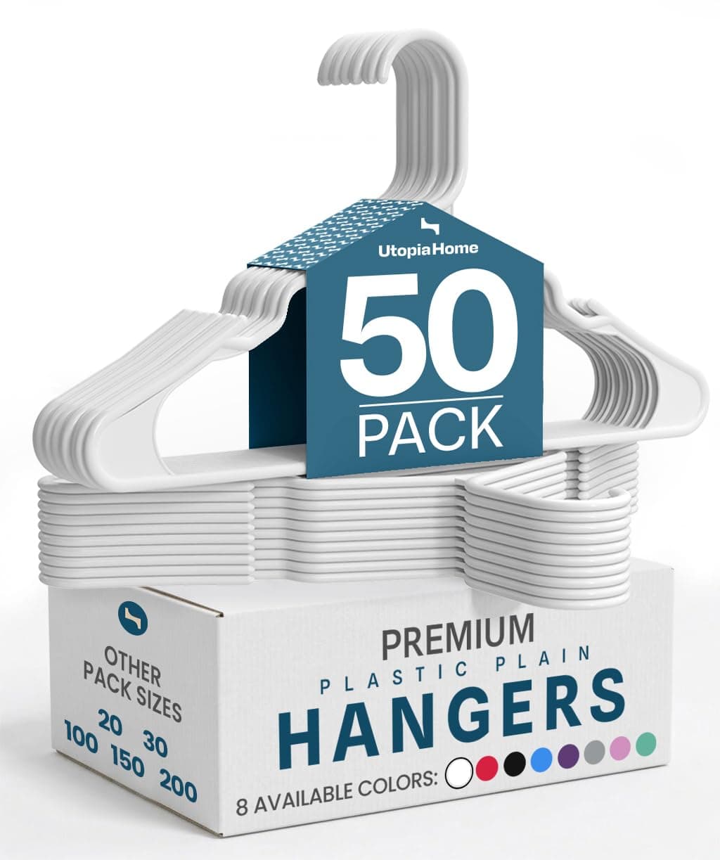 Utopia Home - Plastic Hangers 50 Pack - Space Saving Clothes Hanger - Durable and Strong Closet Organizers and Storage Makes It Ideal Stocking Stuffers or Apartment or Dorm Room Essentials (White)