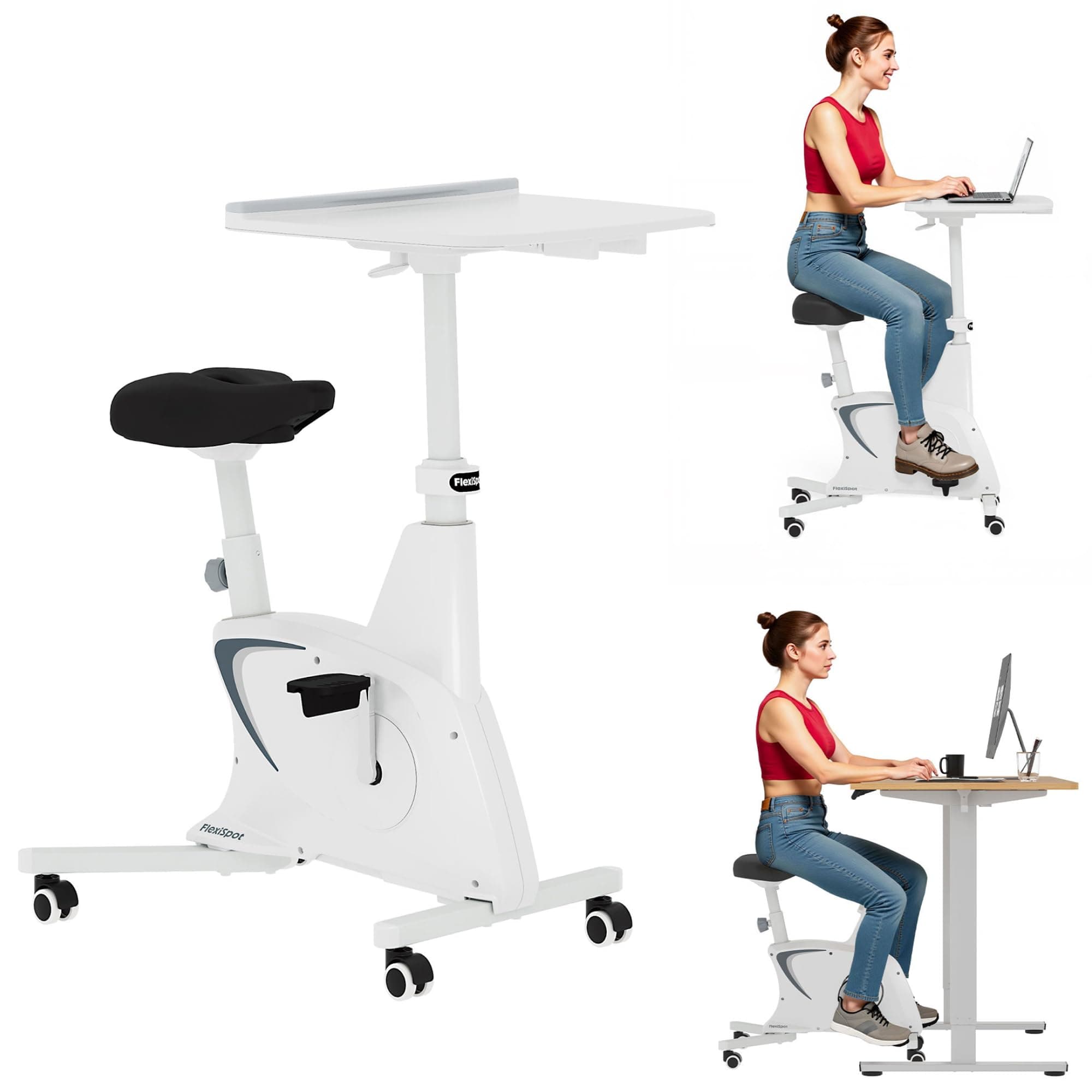 FLEXISPOT Exercise Bike with 2D Desktop, Space Saving Under Desk Bike with Removable Desktop, Upright Indoor Cycling Bikes with 300LBS Weight Capacity Big Seat, Stationary Bikes for Home, White
