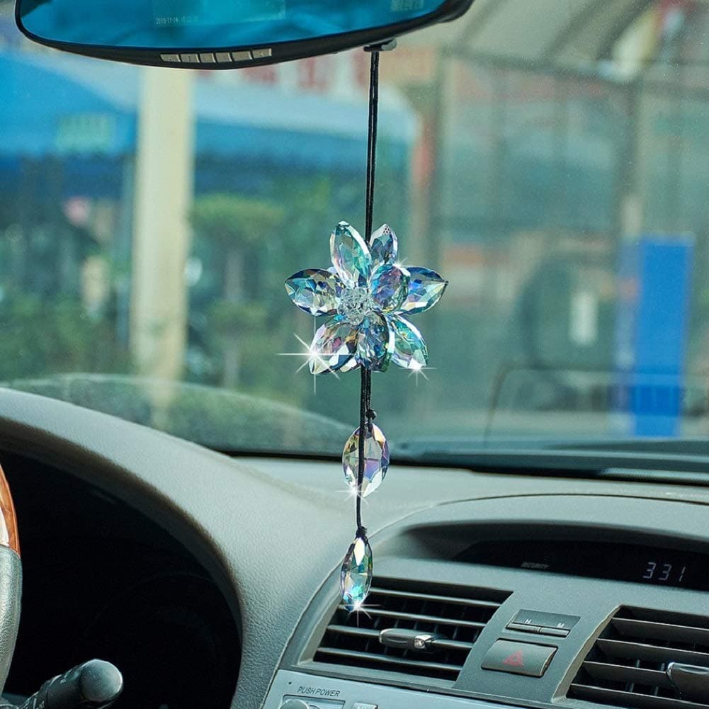 Crystal Flower Rear View Mirror Pendant Car Hanging Ornament Lucky Accessory, Colorful