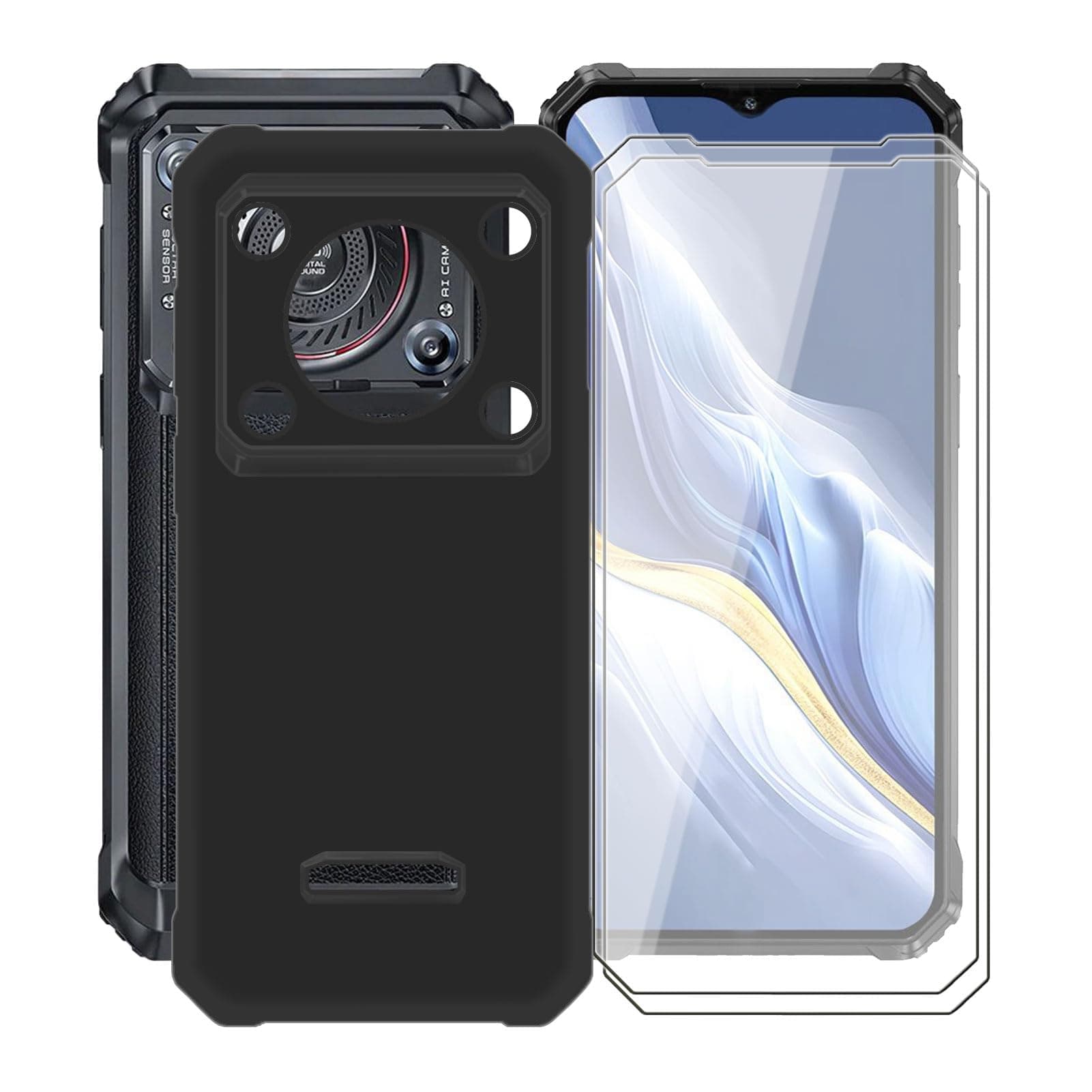 for Oukitel WP36 Case, with [ 2 x Screen Protector Tempered Glass Film], Black Soft Silicone Cover Shockproof Bumper Protection Case for Oukitel WP36 (6.52") - Black