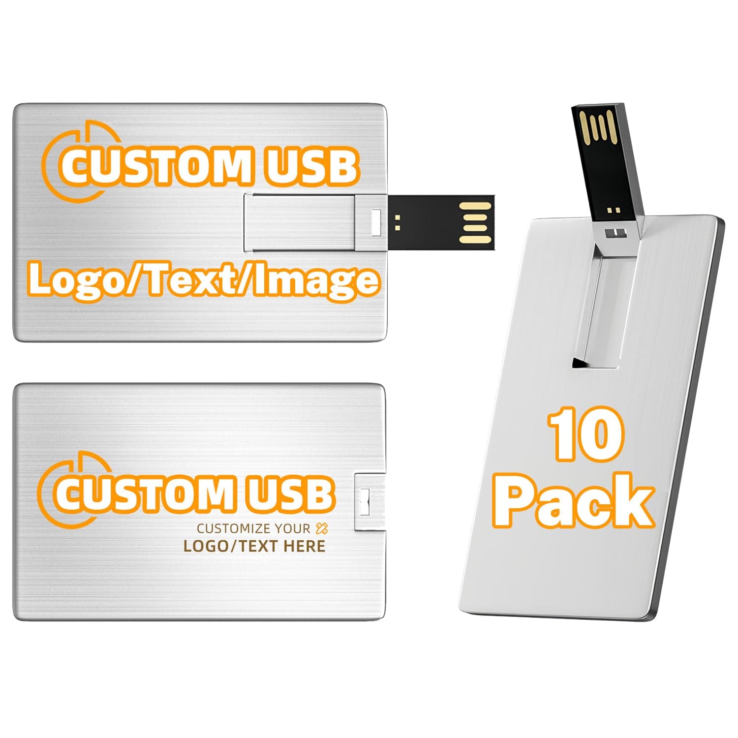 Bilious Custom Personalized USB Flash Drive 10Pack 4GB/8GB/16GB/32GB/64GB/128GB/256GB, Metal Credit Card Bank Card Shaped Thumb Drive, Waterproof Memory Stick Small Size USB Drive Gift