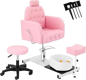 Reclining Pedicure Chair with Foot Massage Basin & Stool, Hydraulic Adjustable Pedicure Chair Station, 360° Rotation Beauty Spa Salon Unit Station Pink