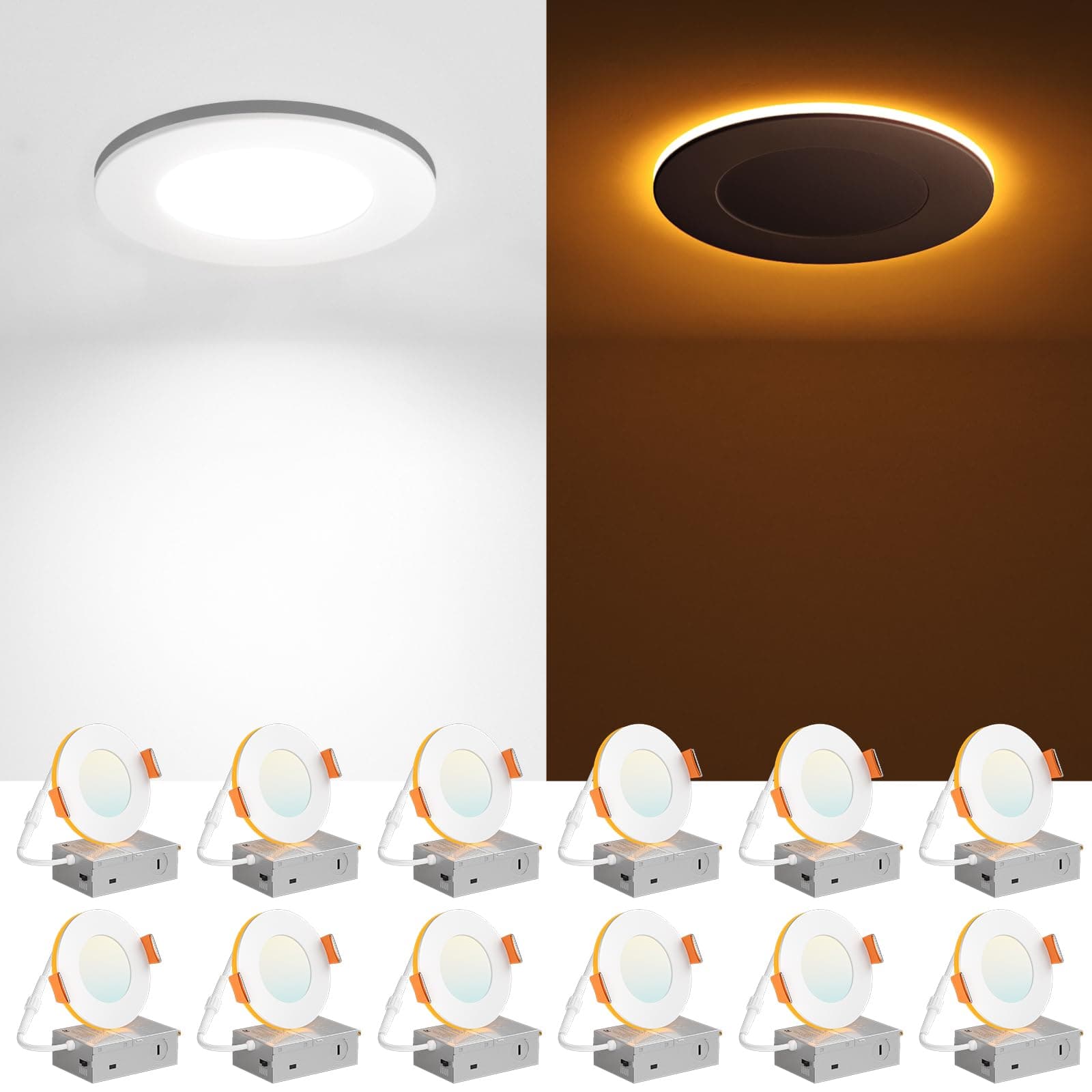 12 Pack 3 Inch 5CCT LED Recessed Ceiling Light with Night Light, 2700K/3000K/3500K/4000K/5000K Selectable Ultra-Thin Recessed Lighting, 7W=65W, 500LM, Dimmable Canless Wafer Downlight ETL&FCC