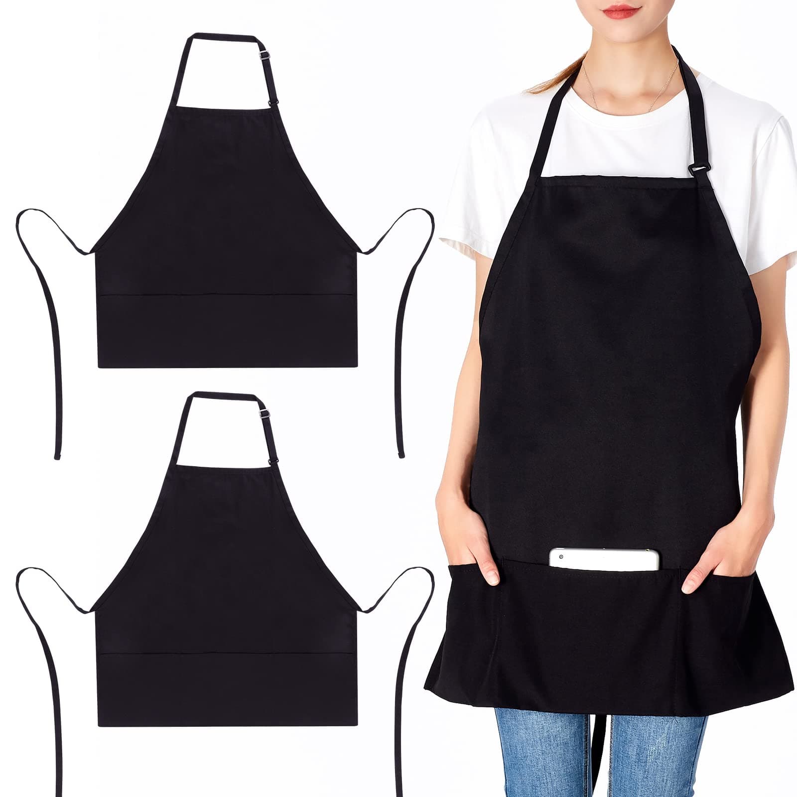 2 Pack 3 Pockets Adjustable Bib Apron Chef Kitchen Cooking Aprons for Women Men, Black