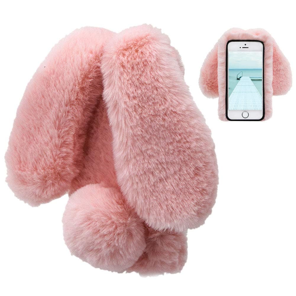 LCHDA Case for iPhone 5 5S SE Rabbit Plush Fur Pink Cute Kawaii 3D Rabbit Ear Protective Case Winter Warm Soft Hairy Pattern Soft Silicone Bumper Anti-Dust Unbreakable Cover