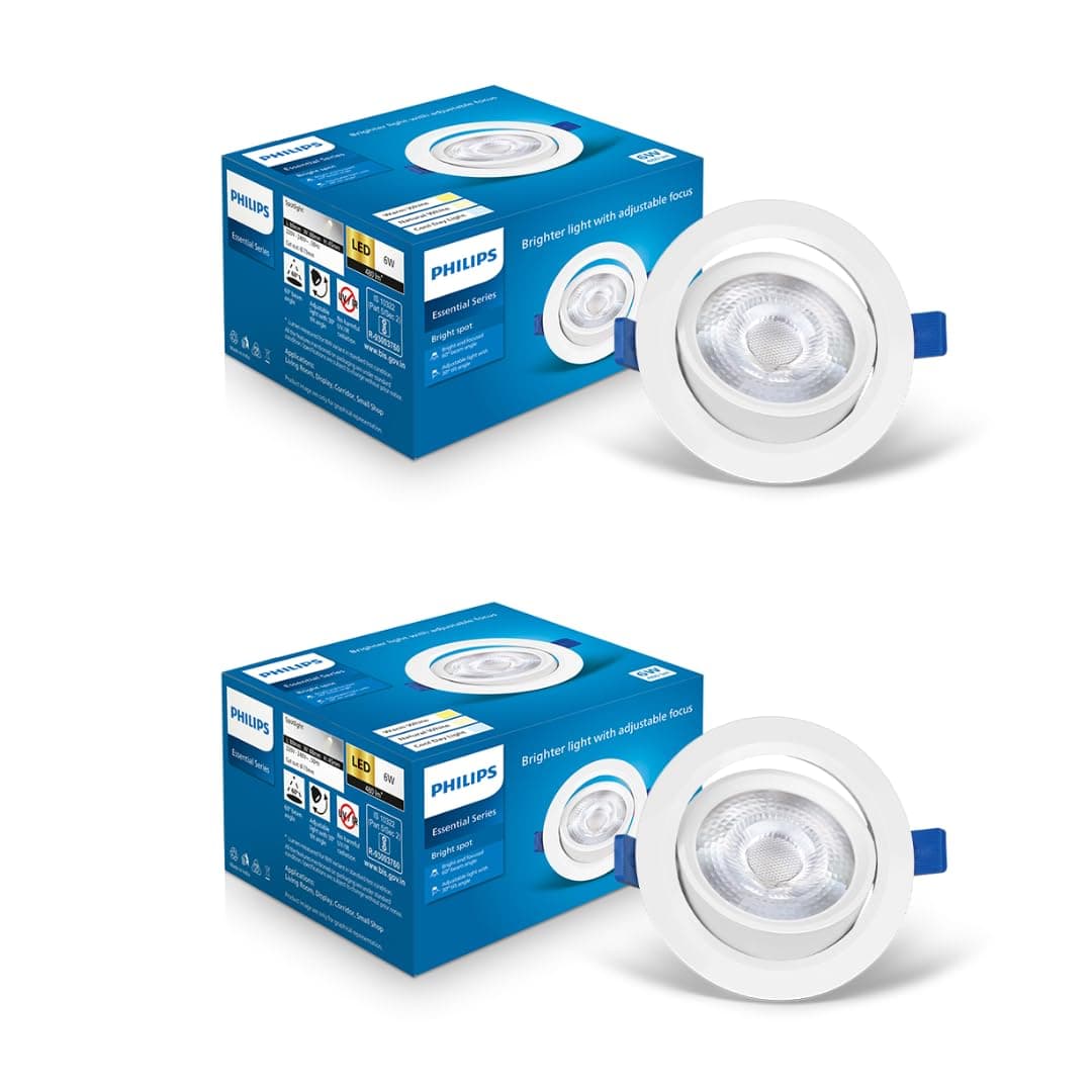 Philips Polycarbonate 6 Watt White Led Ceiling Cob Round Spot Light With Adjustable Tilt|Cut Out: 73Mm|Cool Day Light,Pack Of 2 (Brightspot)