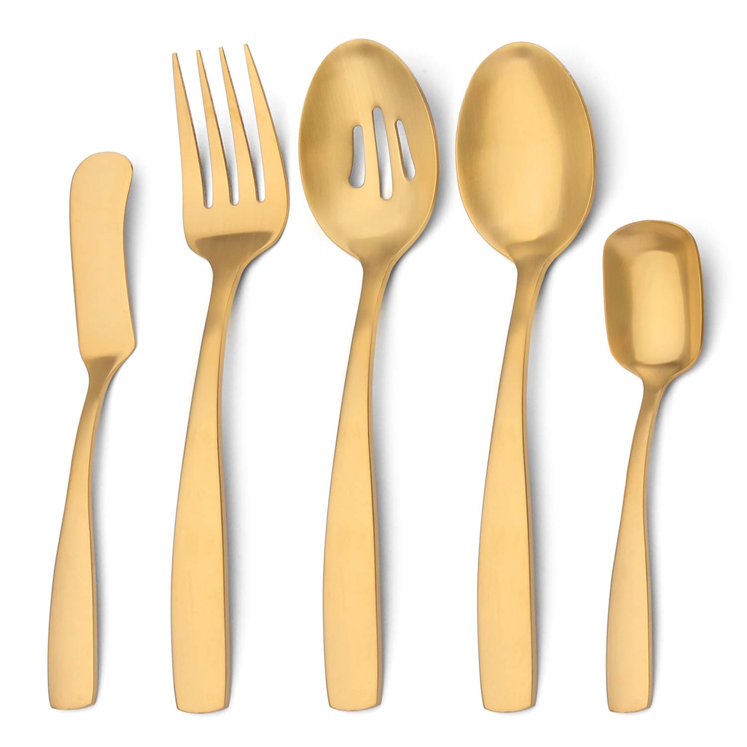 Serving Utensils Set, Matte Gold 5-Piece Hostess Set, Stainless Steel Silverware Flatware Cutlery Serving Set, Satin Finish, Dishwasher Safe