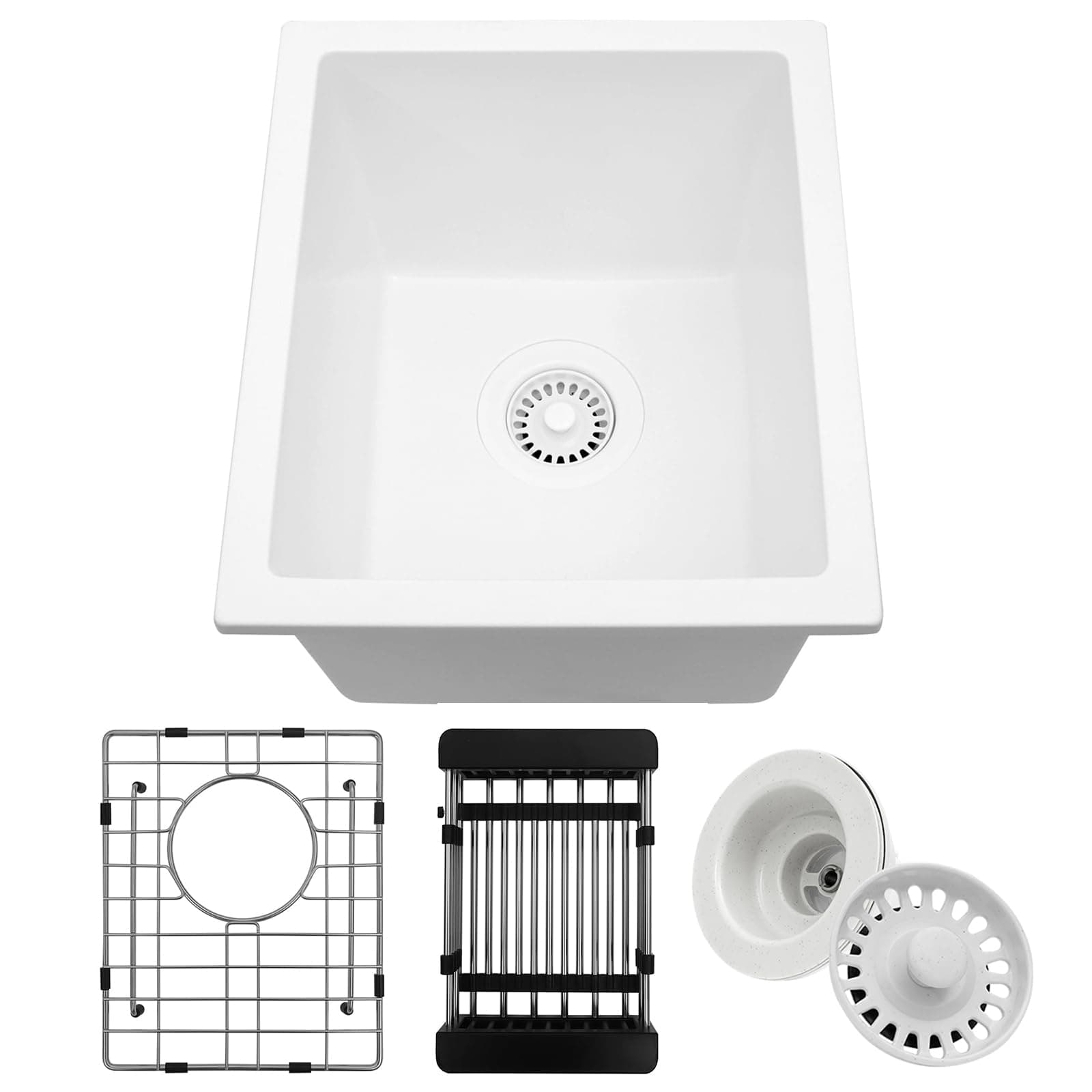 White Bar Sink, 13" x 15" x 10" Undermount Kitchen Sink, 13 Inch Small and Deep Single Bowl Granite Composite Kitchen Sink with Accessories, 13 x 15 White Quartz Stone Bar Sinks