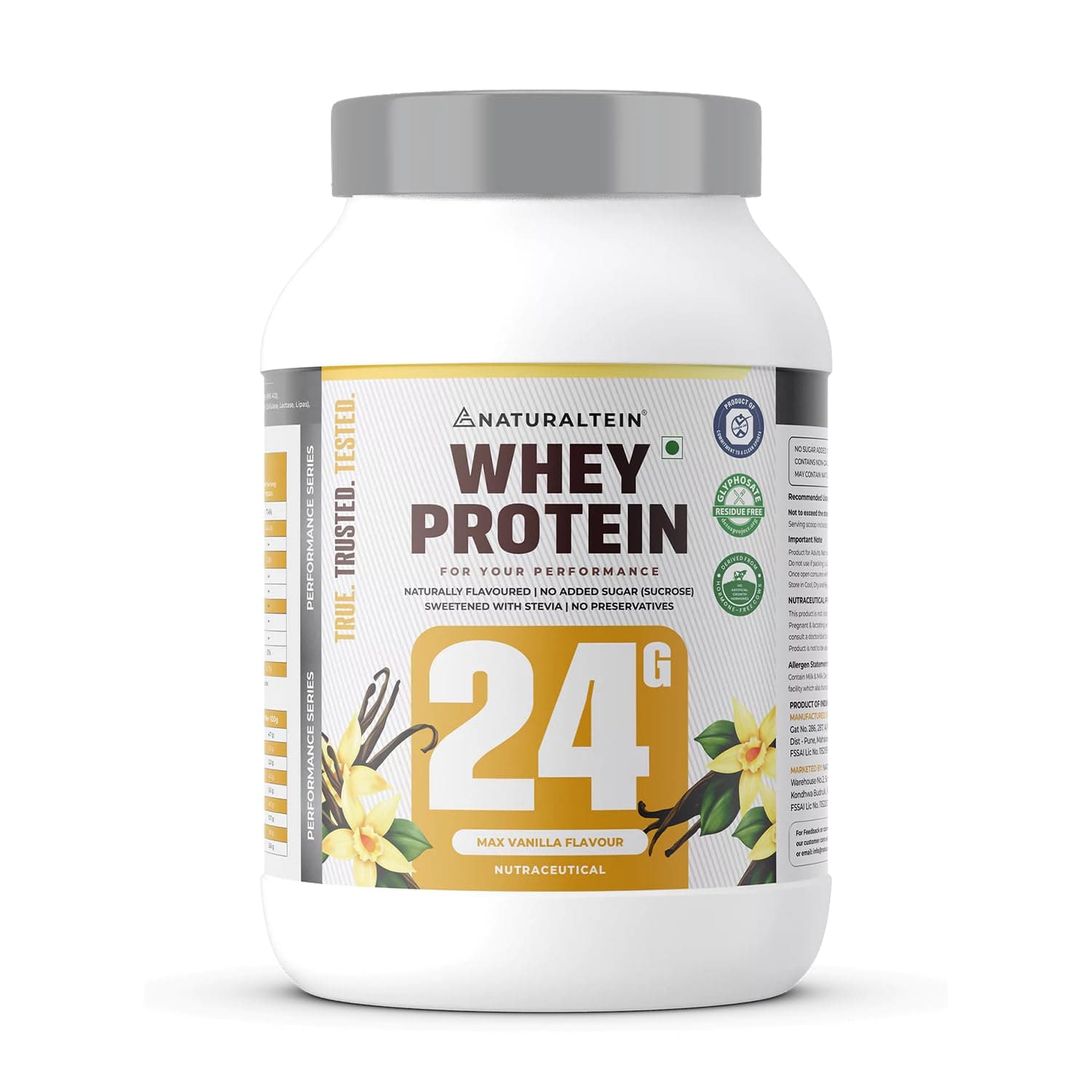 Natural Whey Protein – 24g Protein per Serving | Max Vanilla Flavour | Stevia Sweetened | No Added Sugar | Non-GMO | Soy-Free & Gluten-Free | Super Mixability | 1 kg