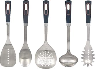 Glad Stainless Steel Utensils Set 5pc - Metal Kitchen Cooking Tools with Non-Slip Handles, High Heat Resistant for Cast Iron Cookware,Grey
