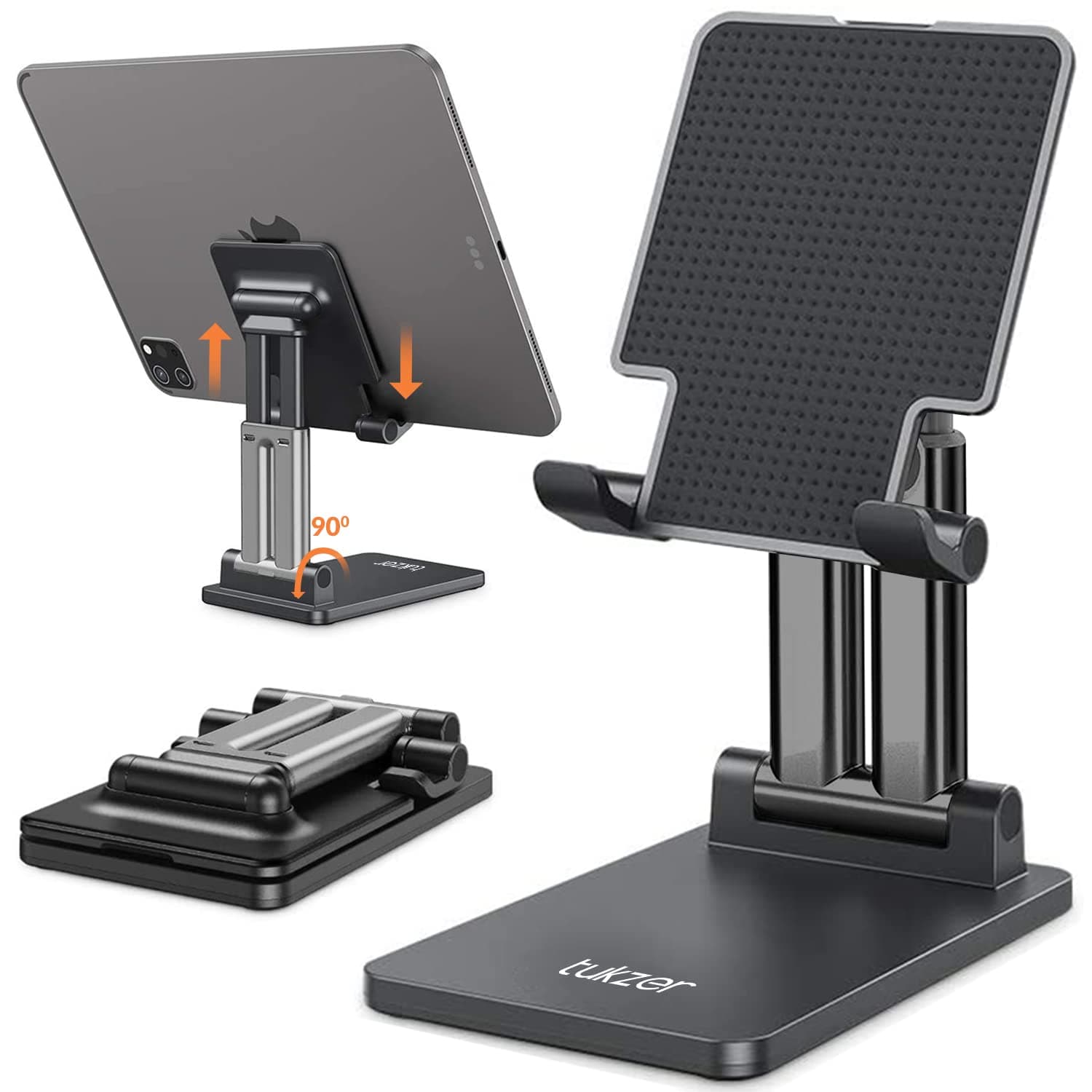 Universal Tablet Stand Mobile Holder| Tabletop Fully Foldable Dual Poles, Heavy Base Aluminum| Multi-Angle Height Adjustable Stand for iPad Tablet Smartphone E-Book Reader Up to 12 inch (Black)