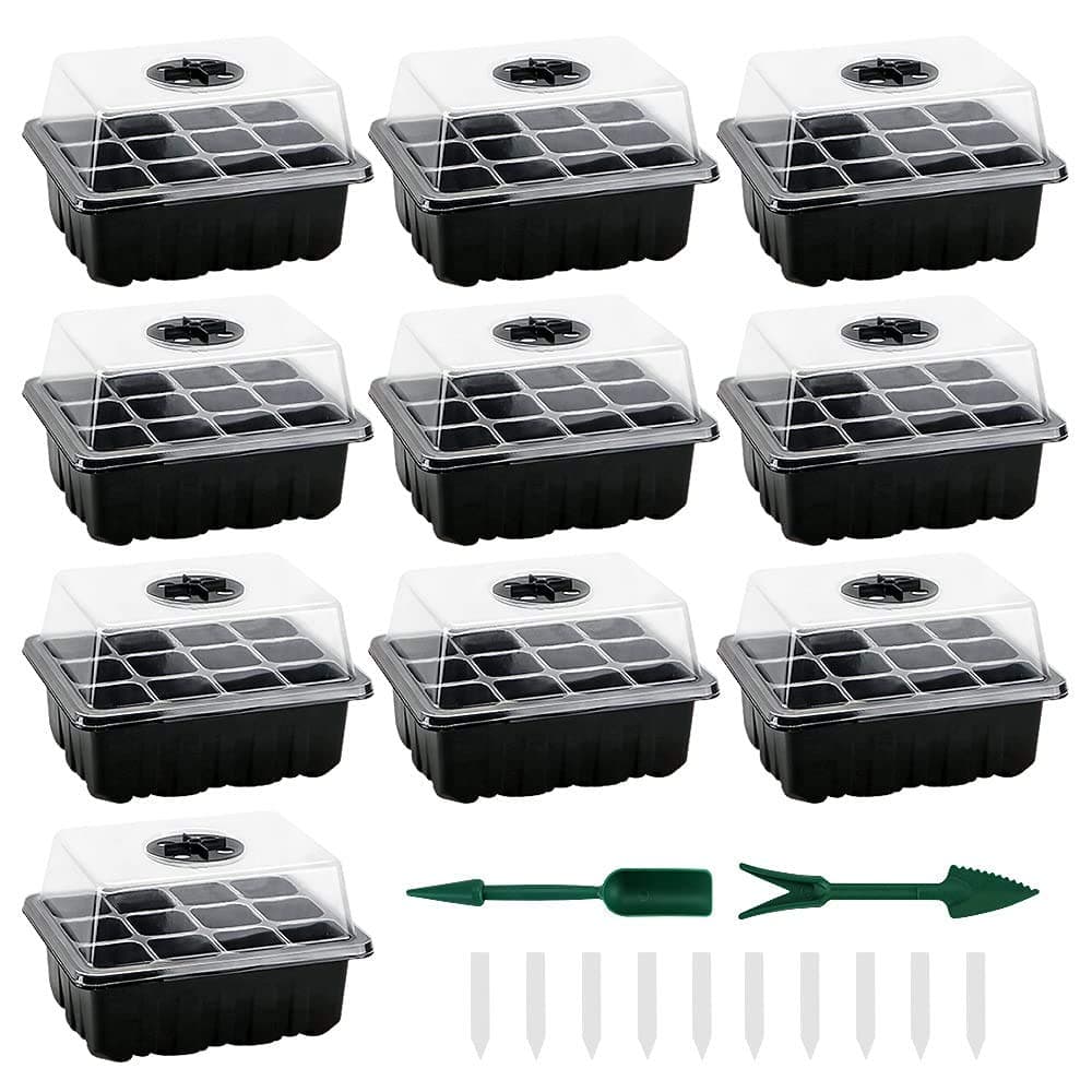 Seed Trays 10-Pack, Sturdy Seed Starter Tray Kit with Humidity Adjustable Dome Lid & Base, Mini Propagator Greenhouse Plant Growing Trays for Seeds Germination -12 Cells Per Tray