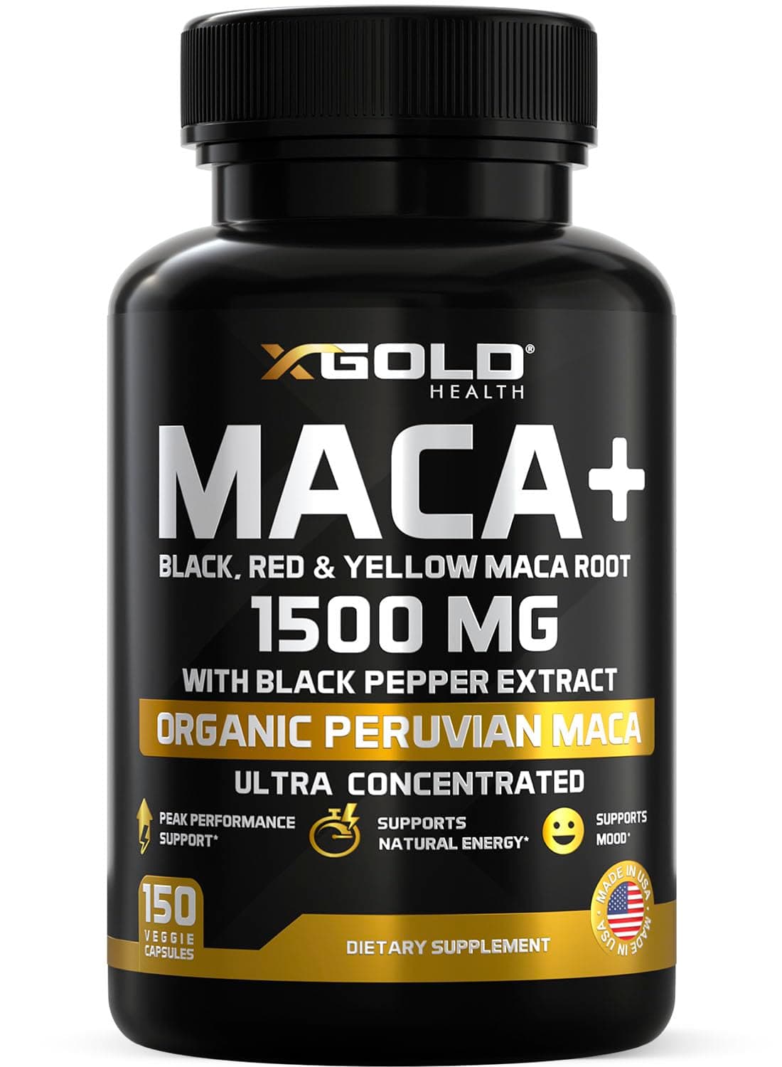 X Gold Health Organic Maca Root Capsules 1500mg Peruvian Black, Red & Yellow Maca Energy, Stamina, Libido & Hormone Balance Support for Men & Women Vegan, Non-GMO 150 Veggie Capsules
